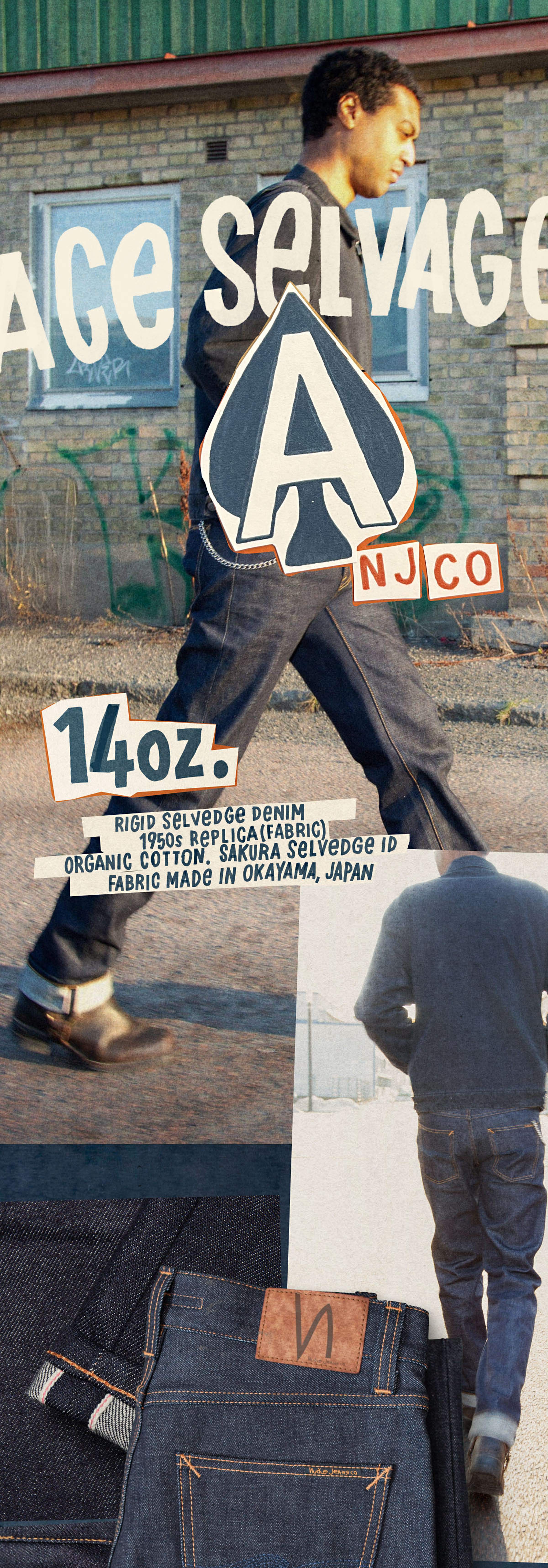 Man walking in dark jeans and sneakers, retro-style text overlay promotes 14oz. organic denim made in Okayama, Japan. Jeans shown up close.