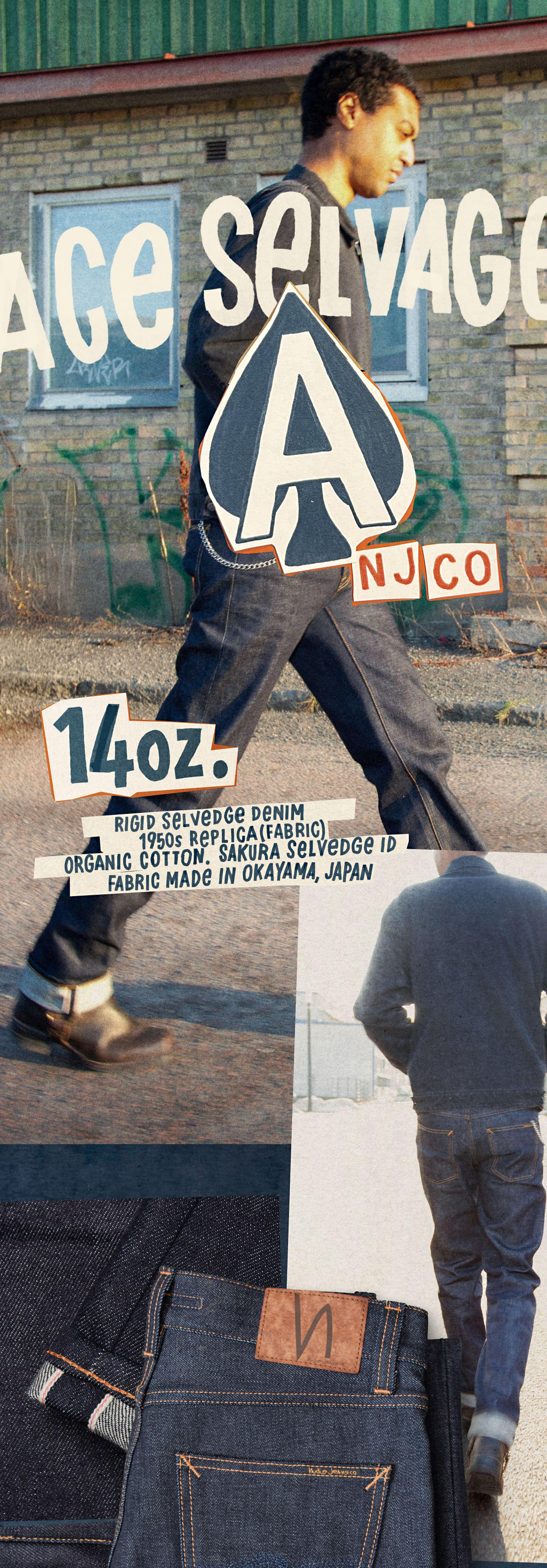 Man walking in dark jeans and sneakers, retro-style text overlay promotes 14oz. organic denim made in Okayama, Japan. Jeans shown up close.