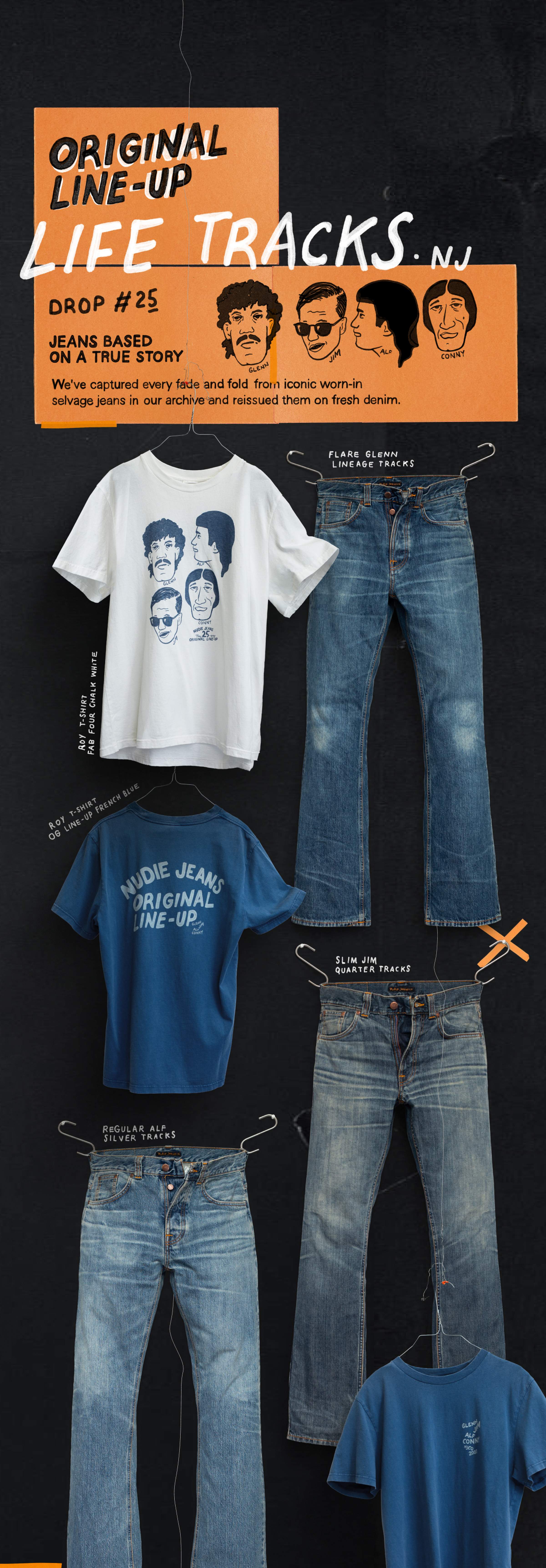 Nudie Jeans Life Tracks NJ Drop #25 collection with faded selvedge jeans and printed tees, "Jeans Based on a True Story".