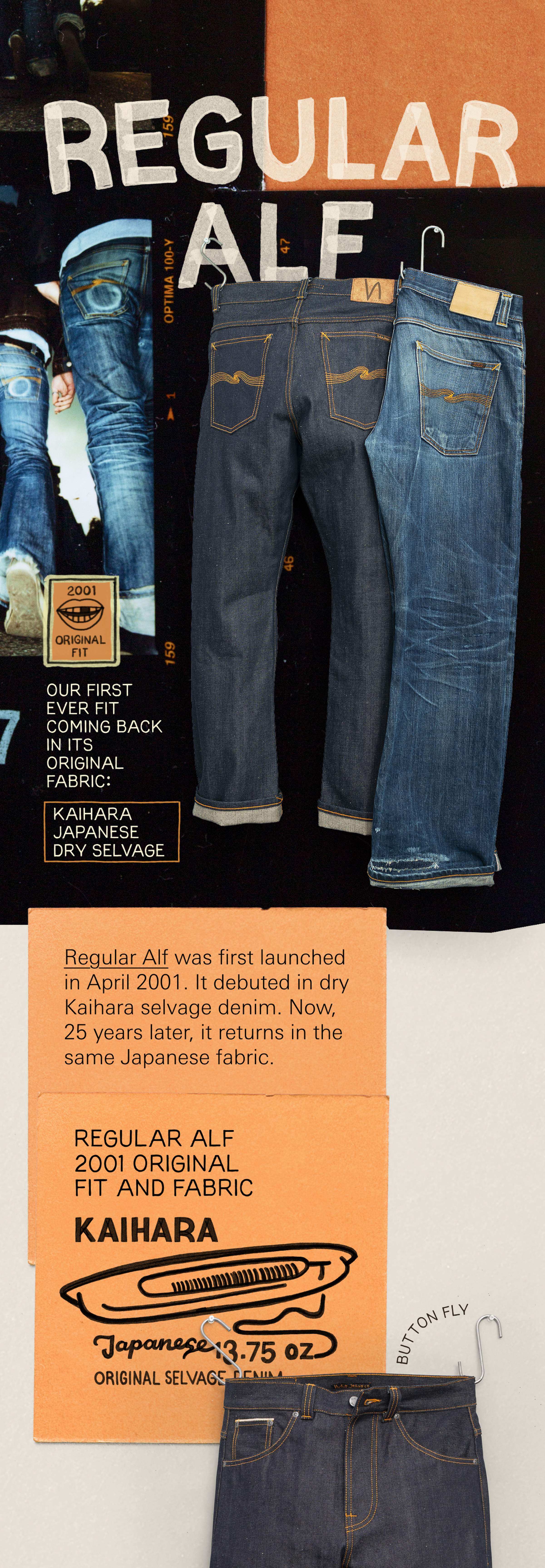 Regular Alf jeans, first launched in 2001, feature dry Kaihara selvage denim, showcasing labels and a comparison to original design details.