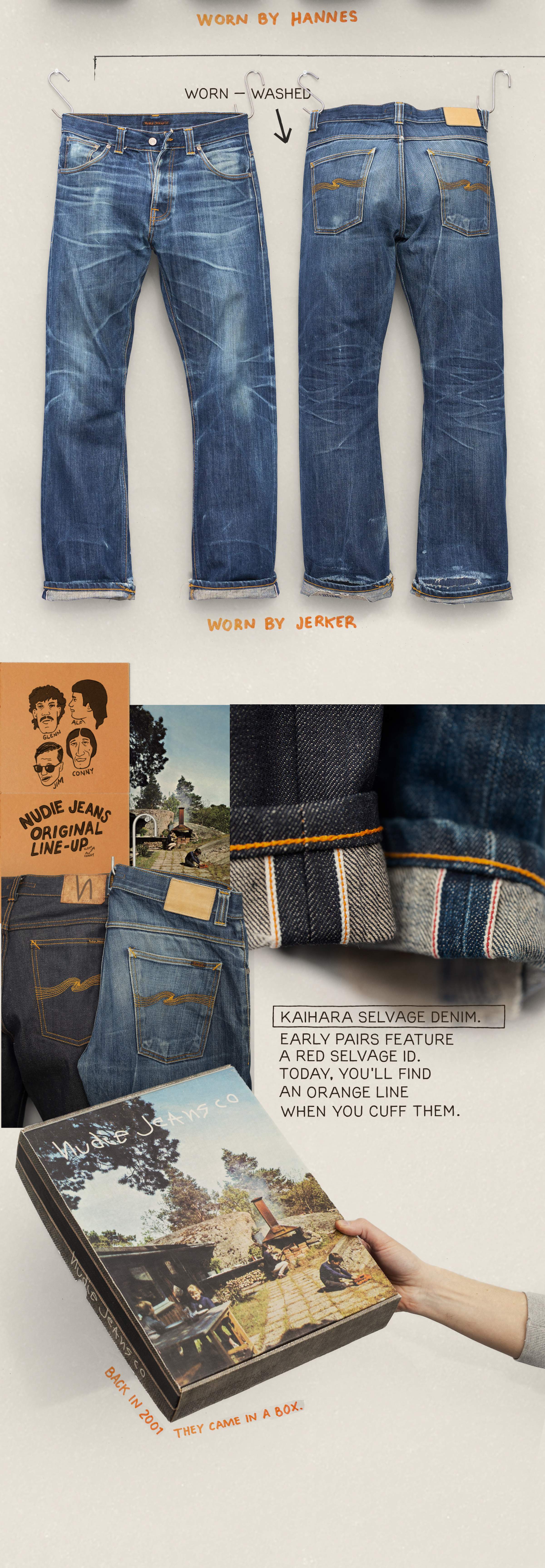 A pair of worn Regular Alf 2001 original Nudie Jeans fit with visible creases and folds. Close-up of hem details and packaging box with outdoor scene illustration.