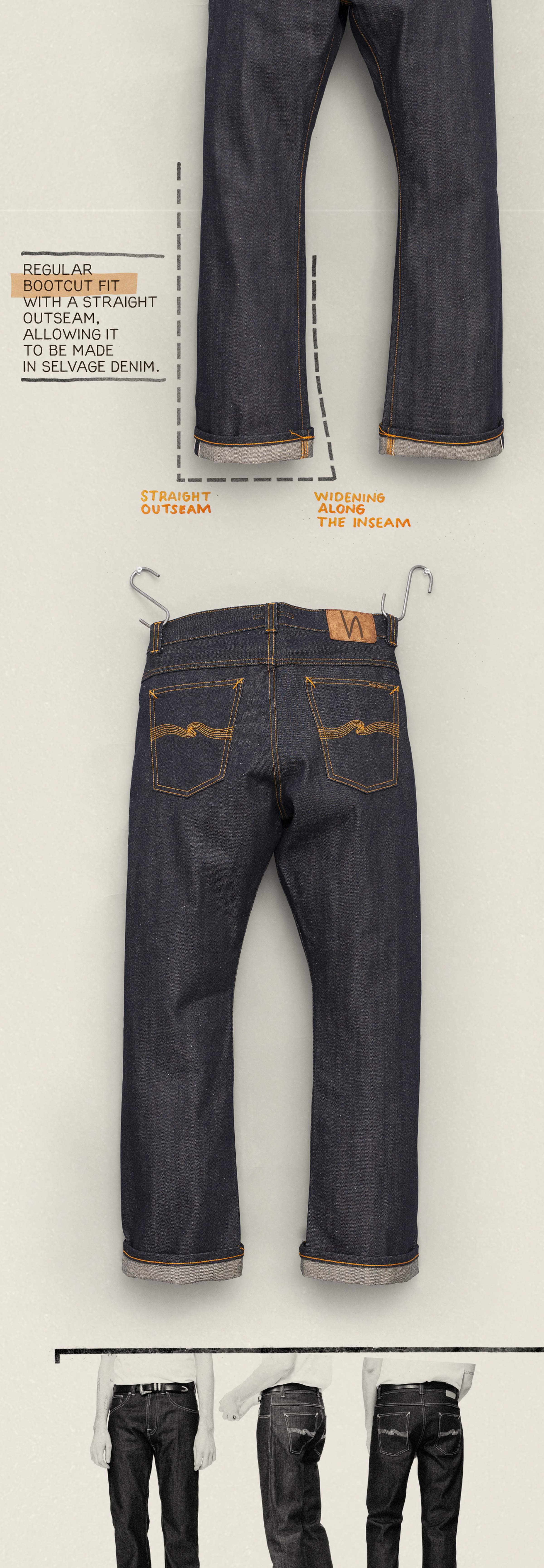 Regular Alf 2001 original Nudie Jeans fit. A straight leg fit, featuring orange stitching and pockets; front and back views displayed.