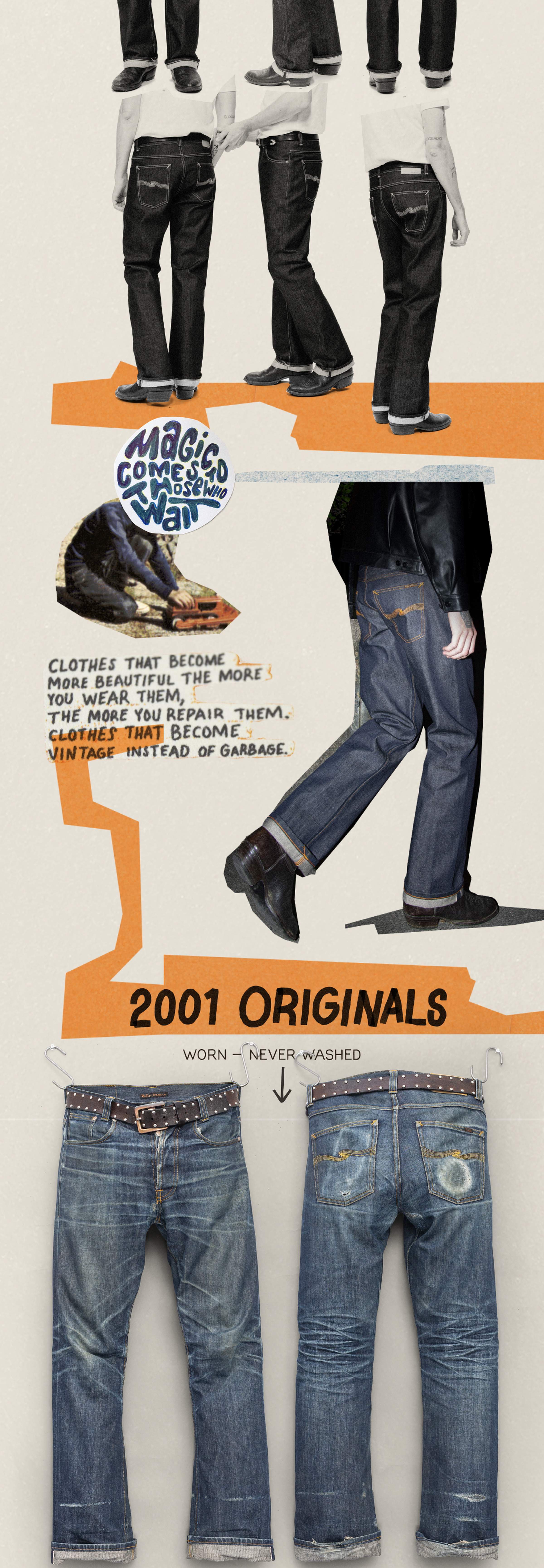 A collage featuring Regular Alf 2001 original Nudie Jeans fit, a person walking, and text promoting "2001 Originals" jeans as "worn, never washed."