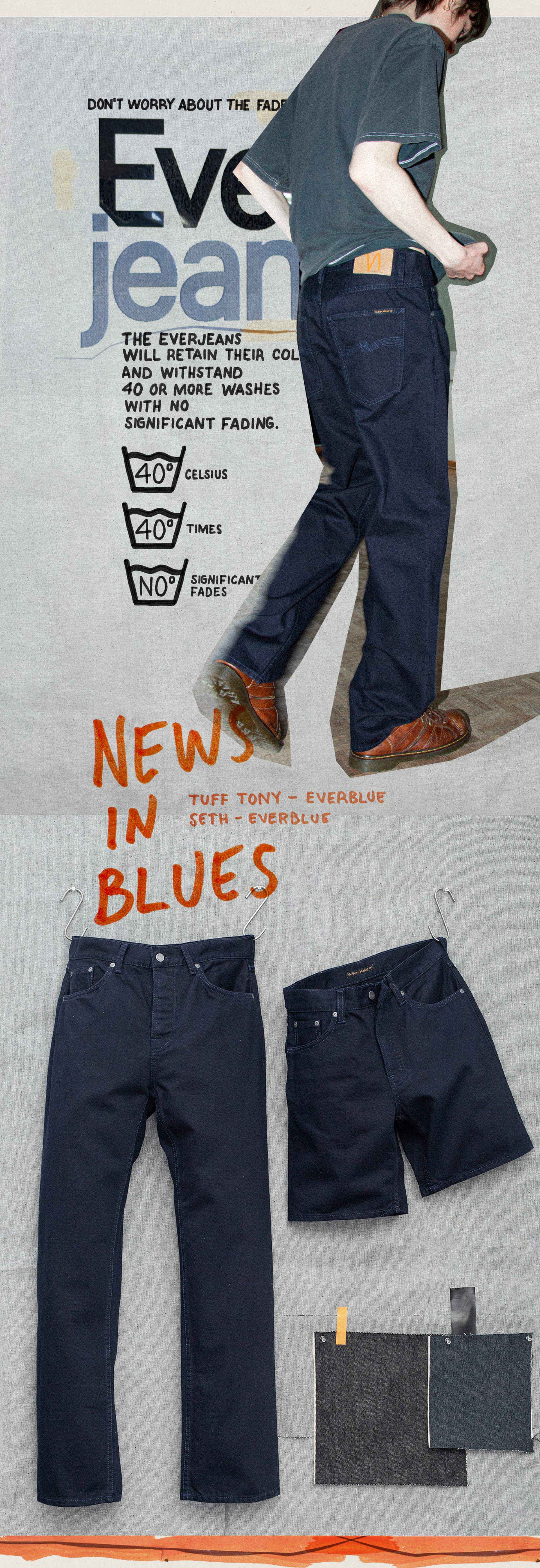 Nudie Jeans Everjeans News in Blues, model in Everblue jeans with collage layout and "Don't worry about the fade".