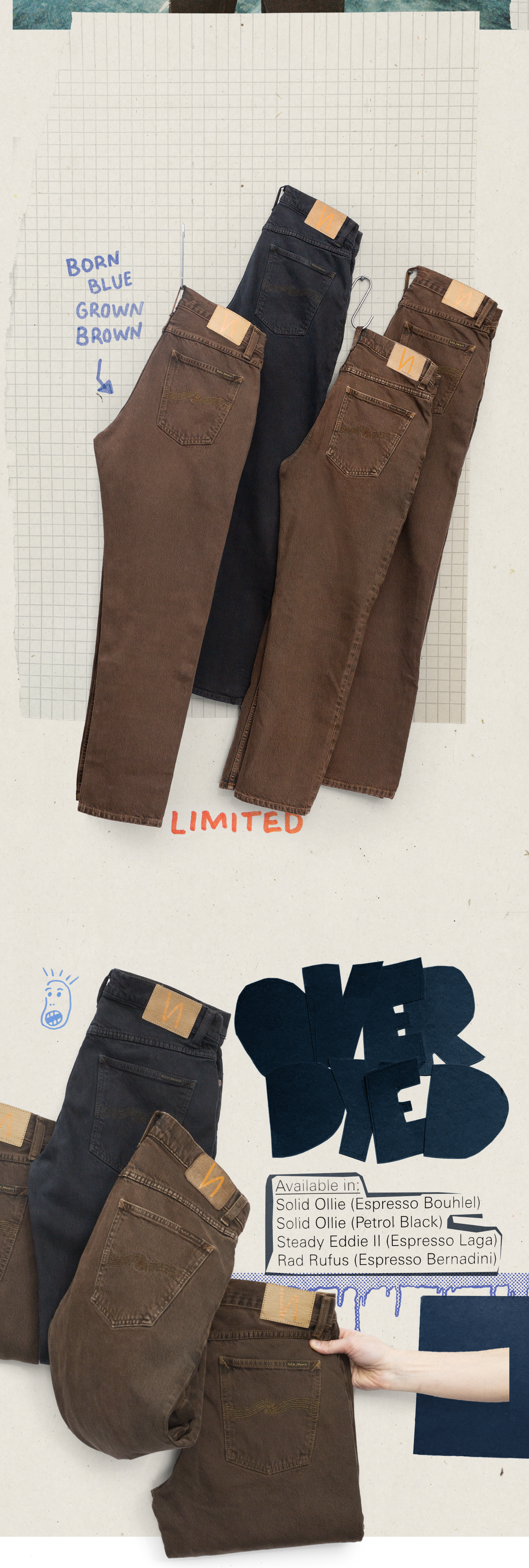 Nudie Jeans Overdyed limited collection, brown and black jeans laid flat on grid paper. Born Blue Grown Brown.