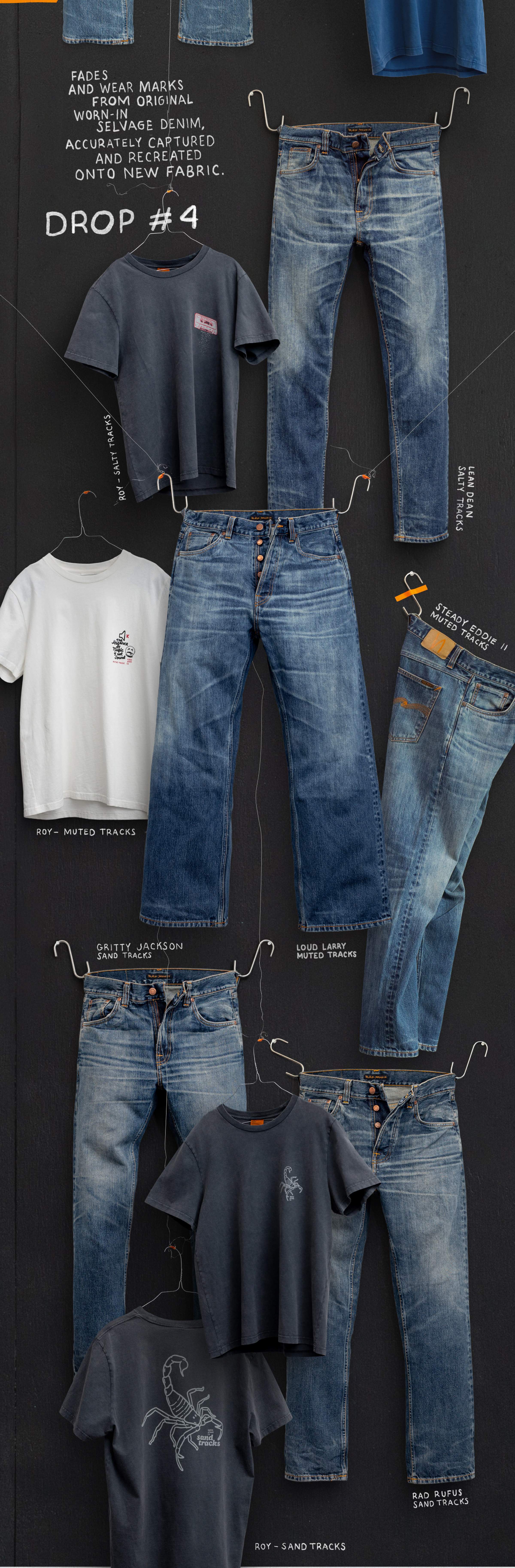 Nudie Jeans Life Tracks Drop #4 collage of faded selvedge jeans and tees on hangers, recreated worn-in fades.