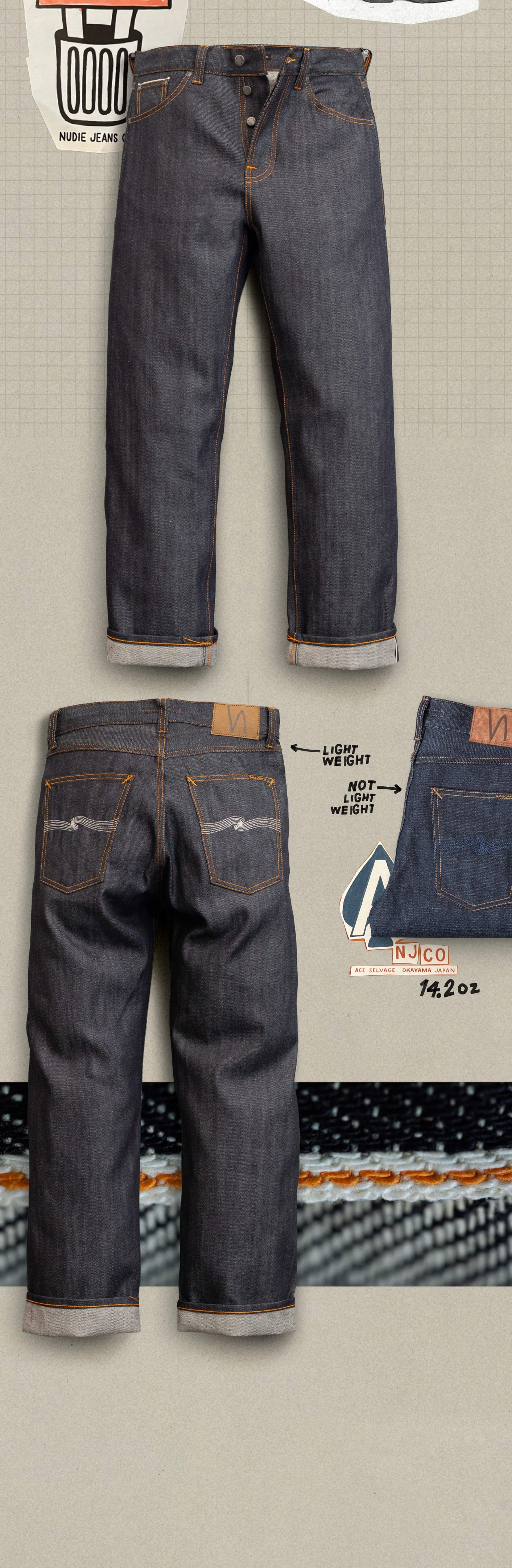 Nudie Jeans Dry Feather Selvage, Selvedge jeans with cuffs displayed from front and back. Features detailed stitching, leather patch, and labels indicating 14.2 oz fabric.