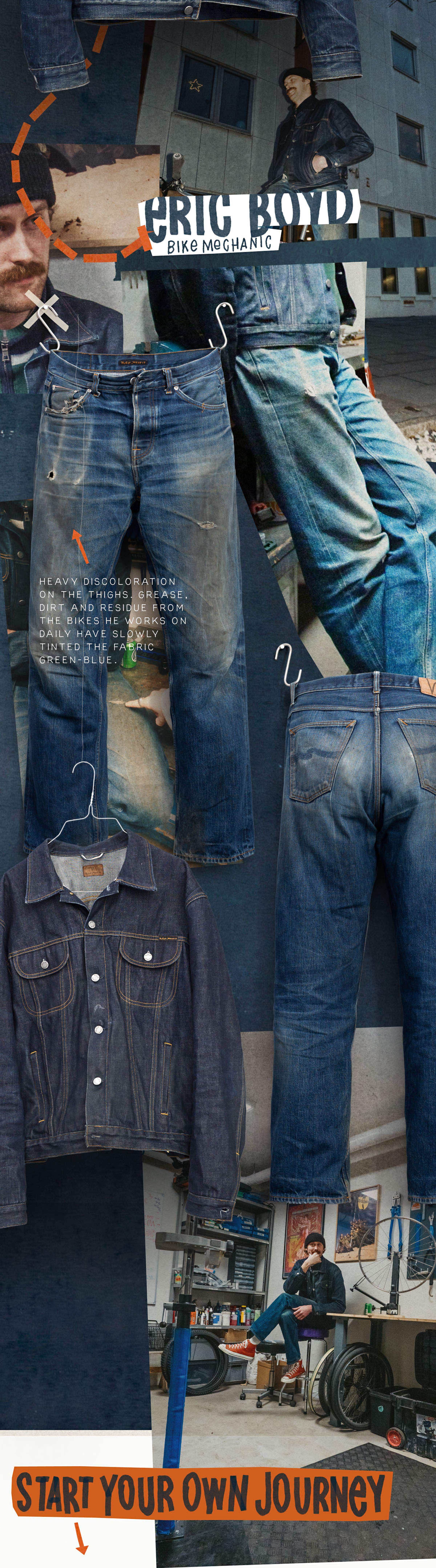 Collage of vintage denim jeans and a jacket displayed with bicycle and workshop background. Text: "Start Your Own Journey."