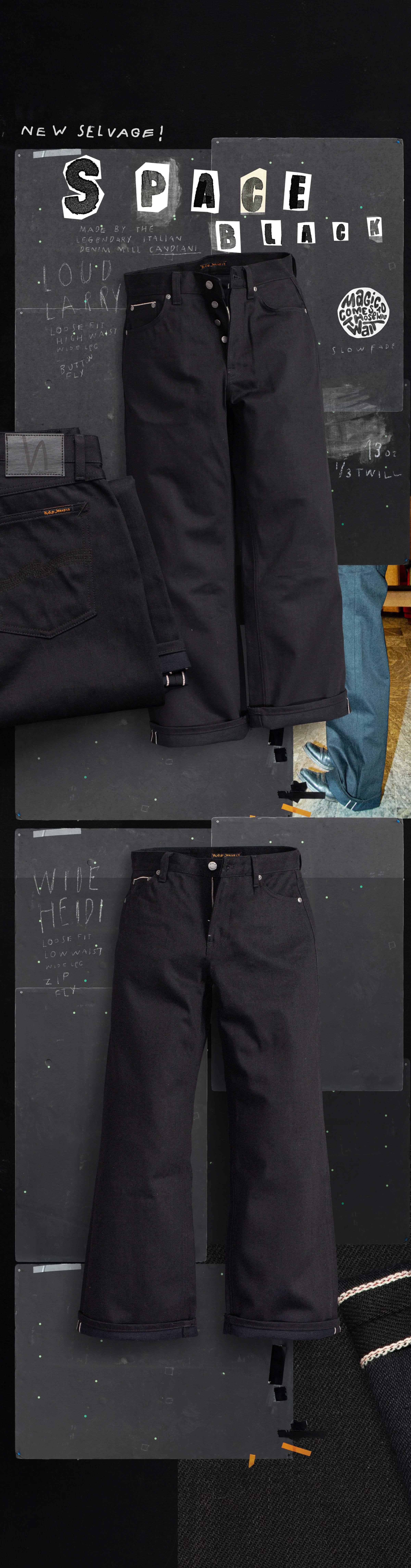 Nudie Jeans Space Black new selvedge collection featuring Loud Larry and Wide Heidi fits in raw black denim.
