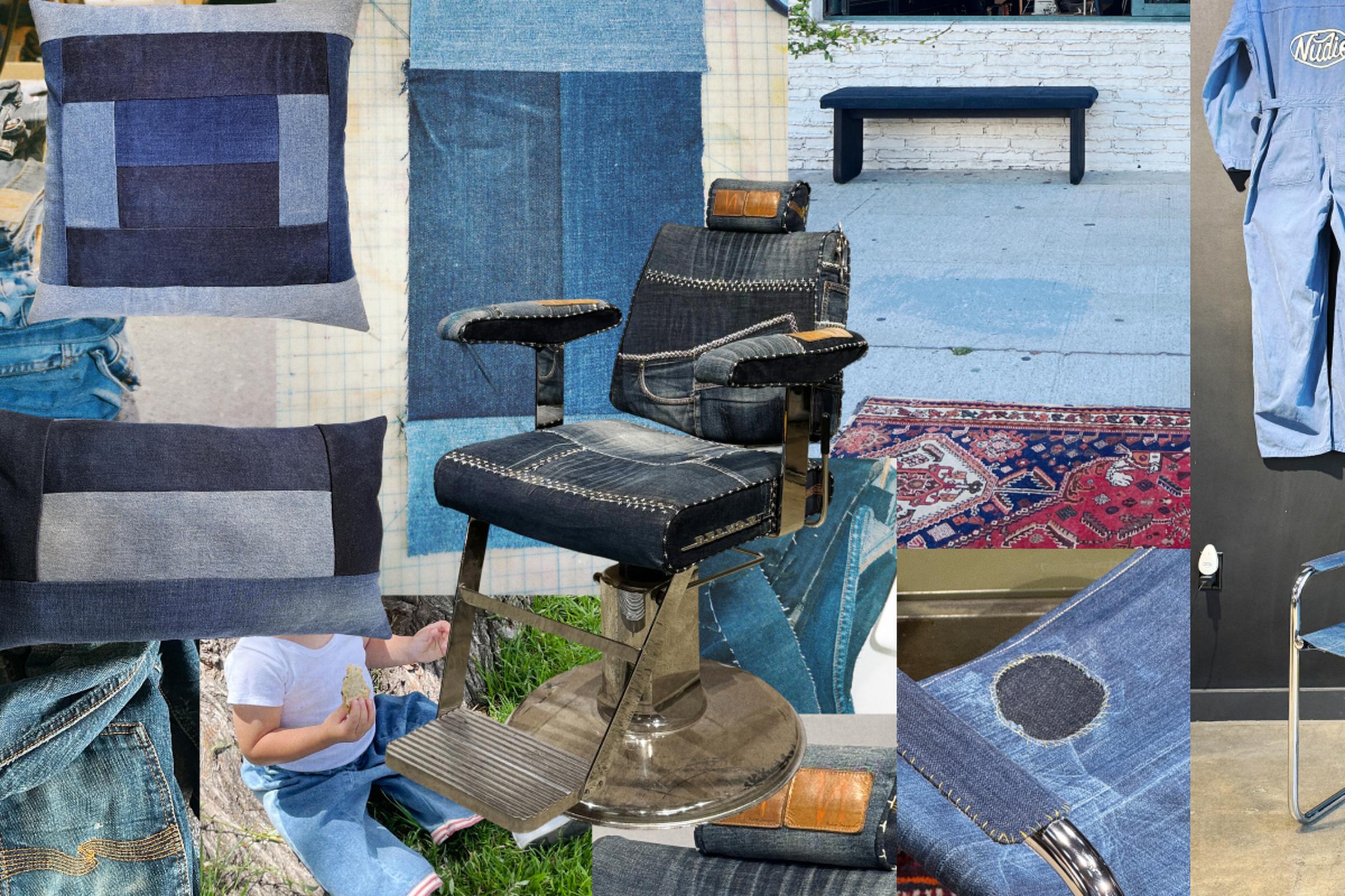 A collage featuring a vintage barber chair, denim pillows, a bench, and various denim fabric pieces, creating a rustic and stylish vibe.