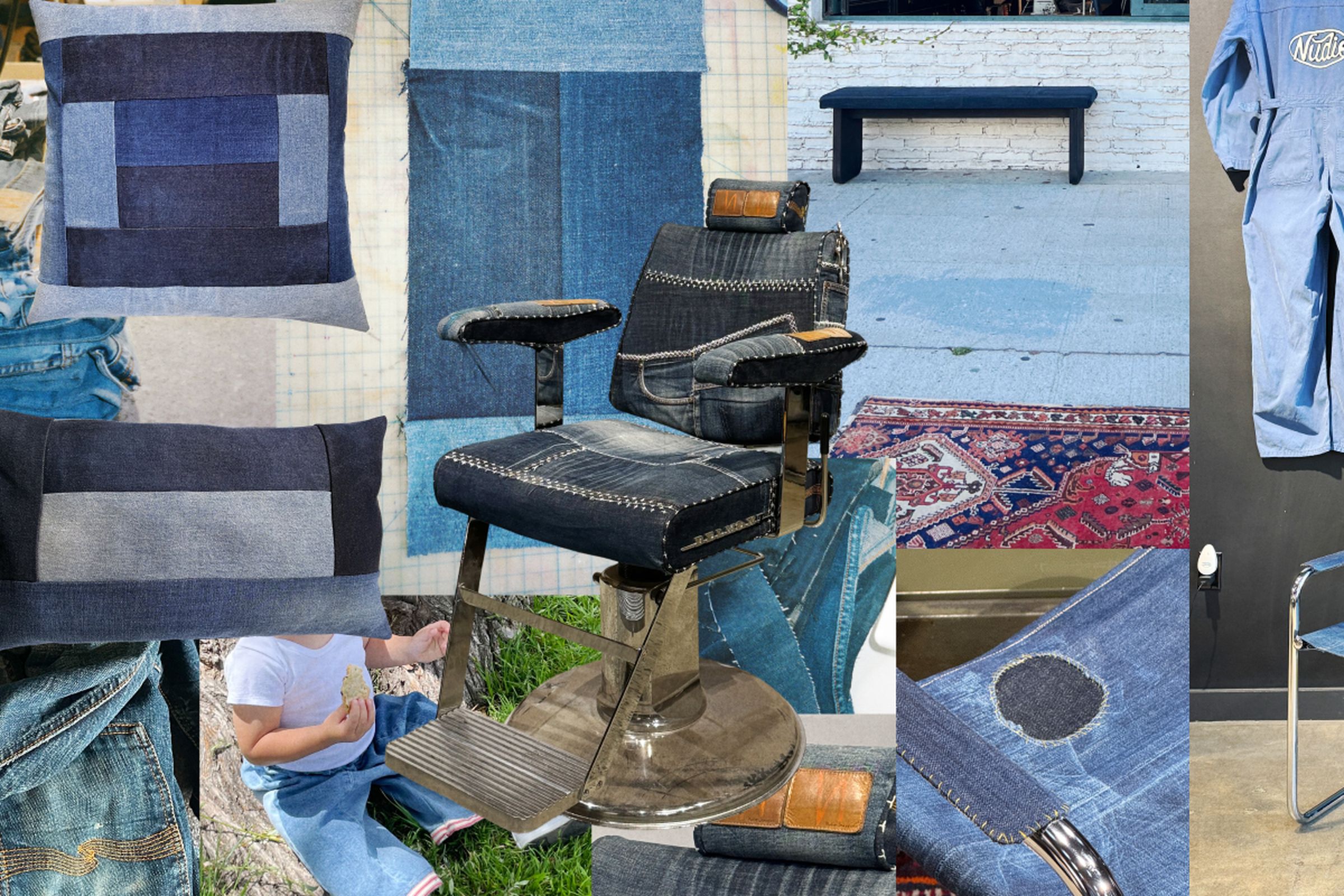 A collage featuring a vintage barber chair, denim pillows, a bench, and various denim fabric pieces, creating a rustic and stylish vibe.