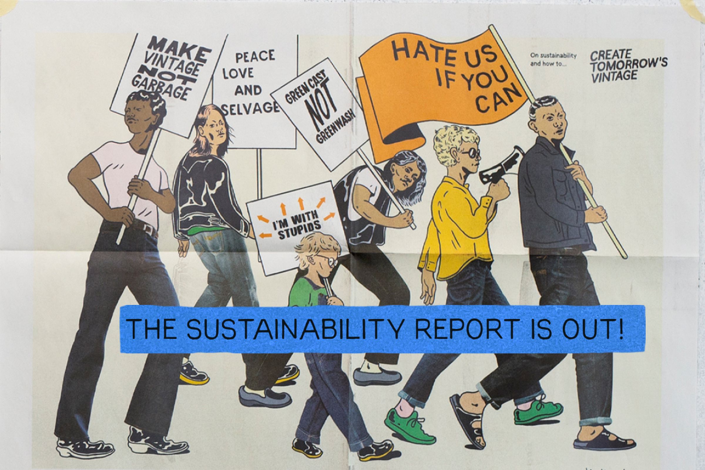 Illustration people marching with signs promoting sustainability and vintage fashion. Blue banner reads, "The Sustainability Report is Out!"