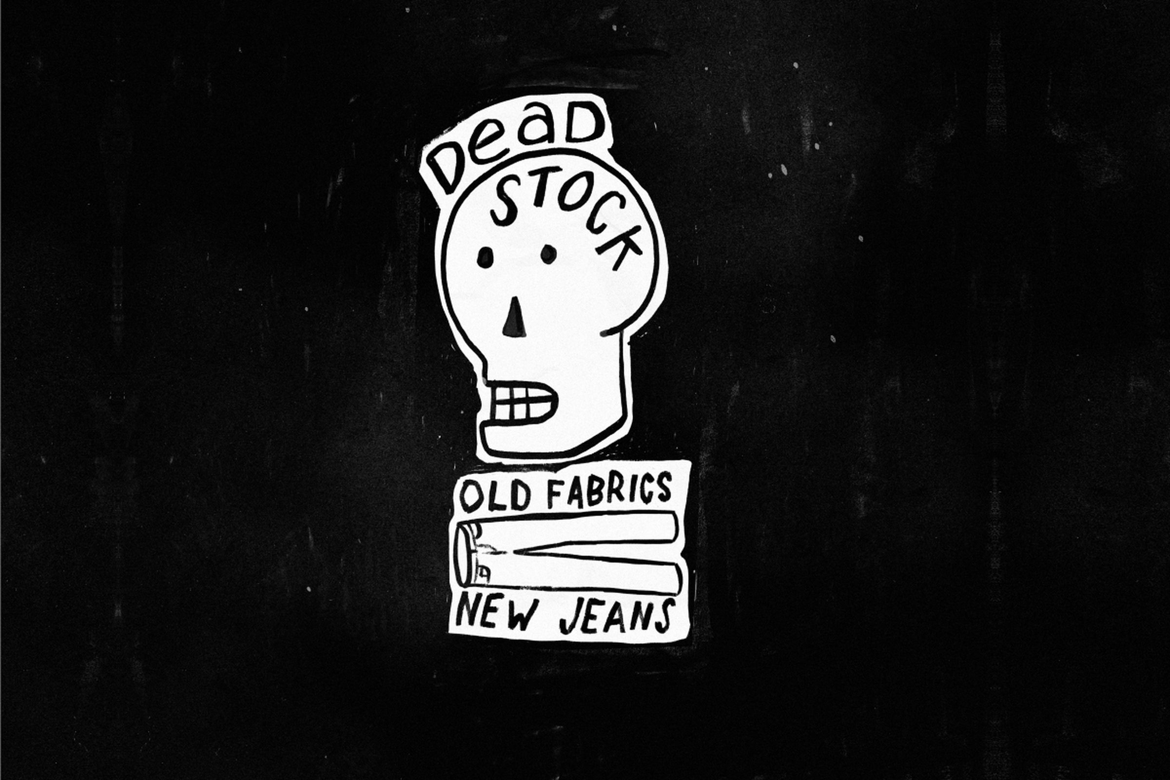 Illustration of a skull with "Dead Stock" text above, and "Old Fabrics, New Jeans" below on a black background.