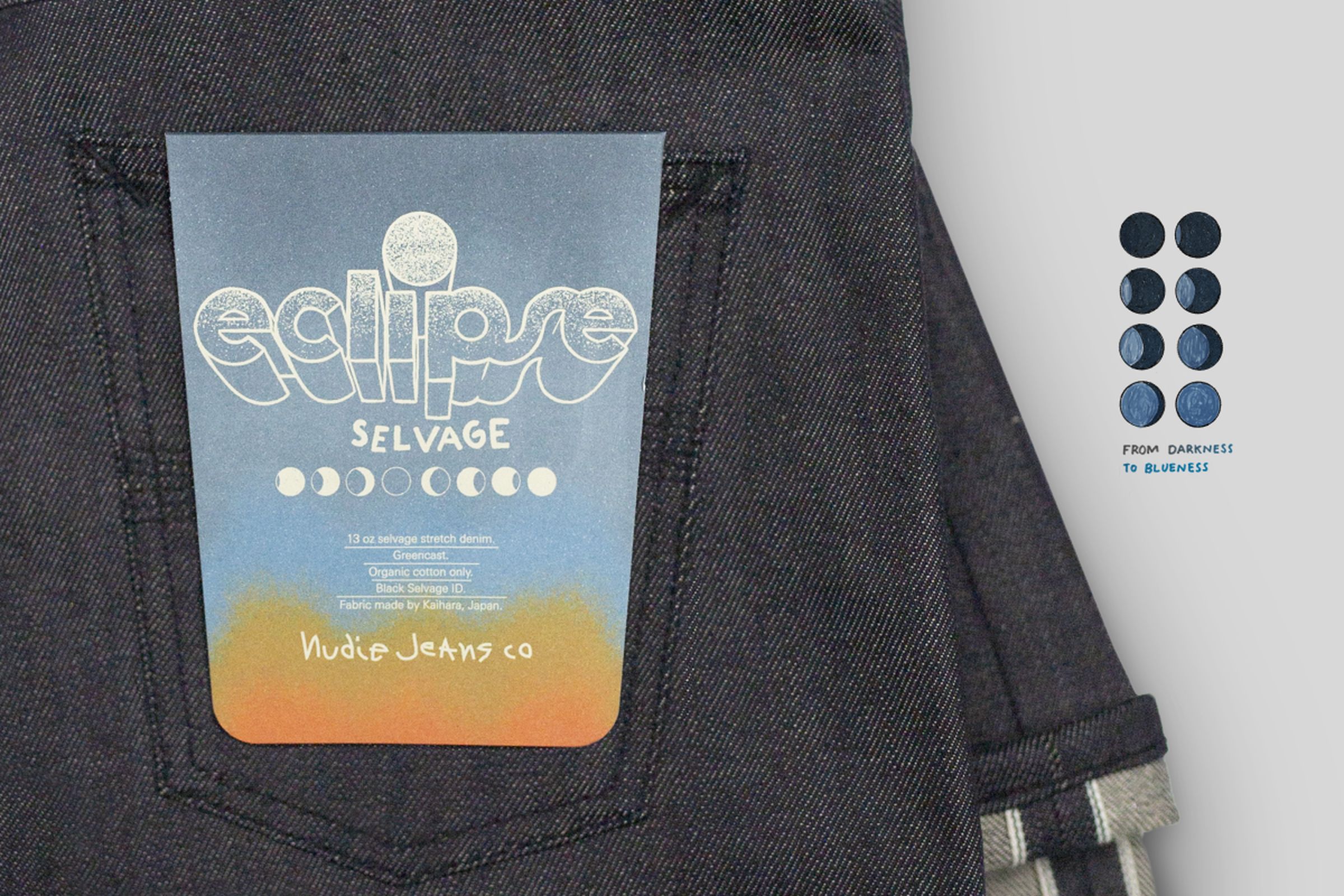 Close-up of dark jeans with a colorful label reading "eclipse selvage" and moon phases. A color gradient from dark blue to light blue is shown nearby.