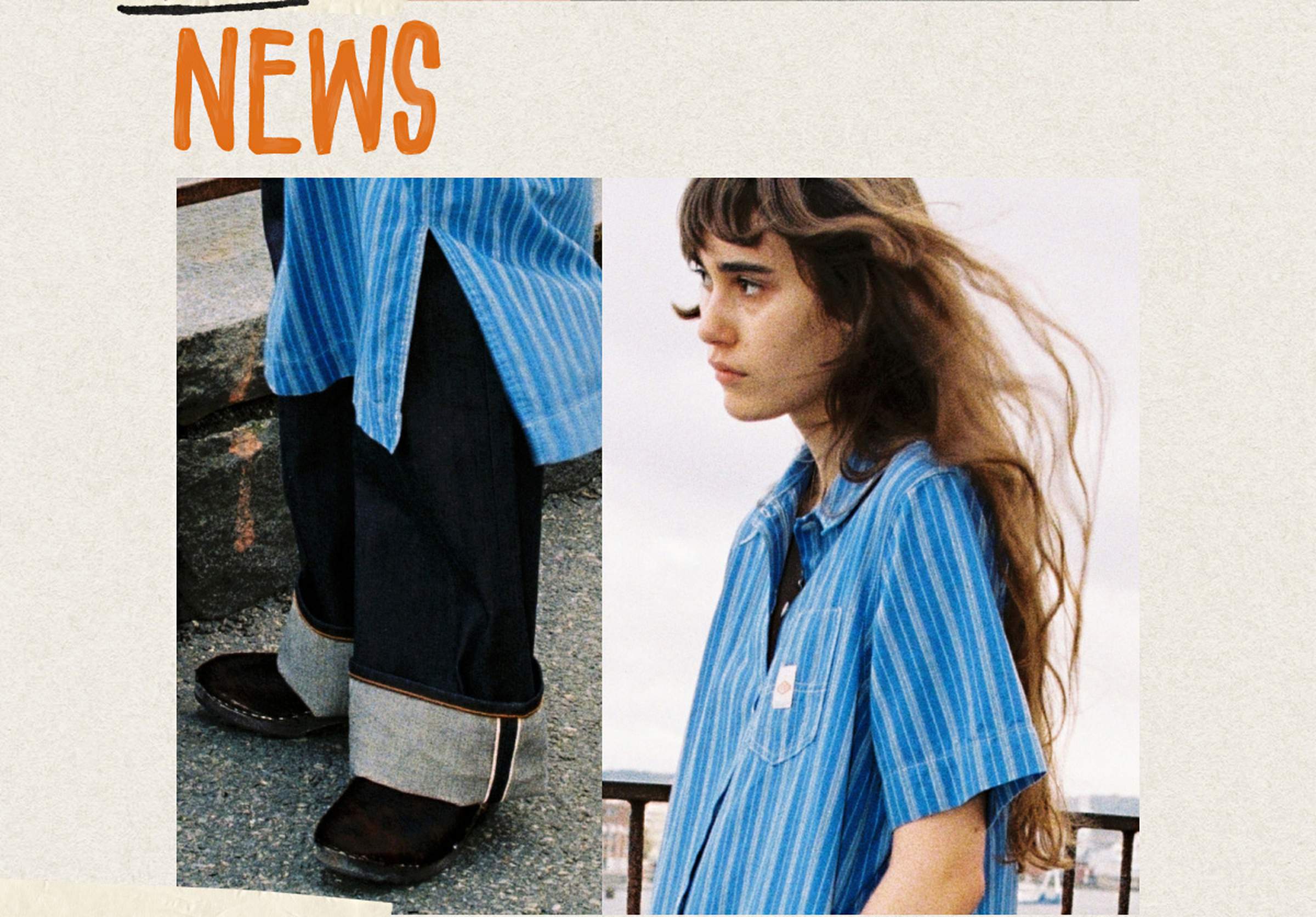 Woman in a blue striped shirt stands outdoors. Close-up of denim pants and shoes beside her. "NEWS" is written in orange above.