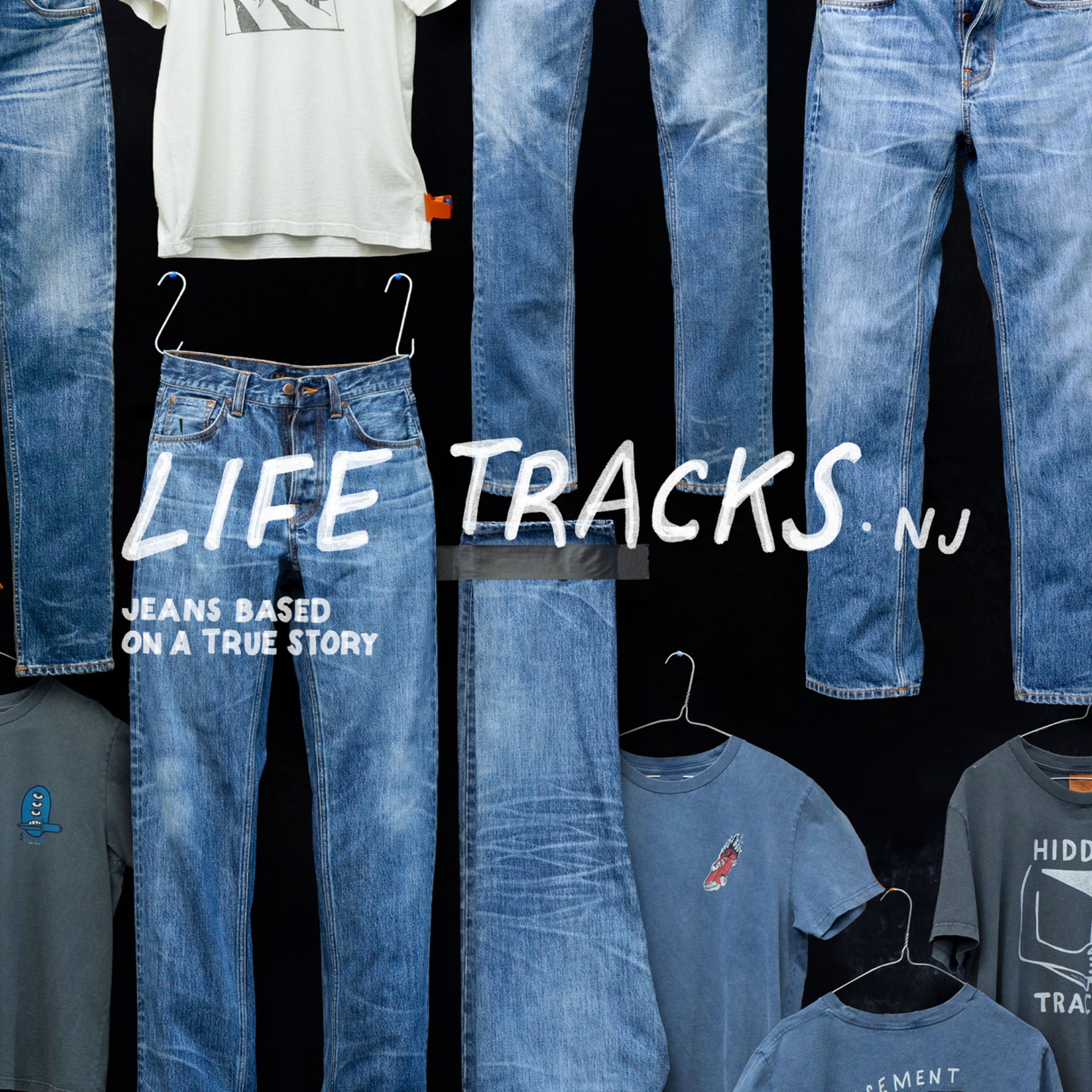 Assorted blue jeans and t-shirts displayed against a black background with the text "Life Tracks NJ" and "Jeans Based on a True Story."