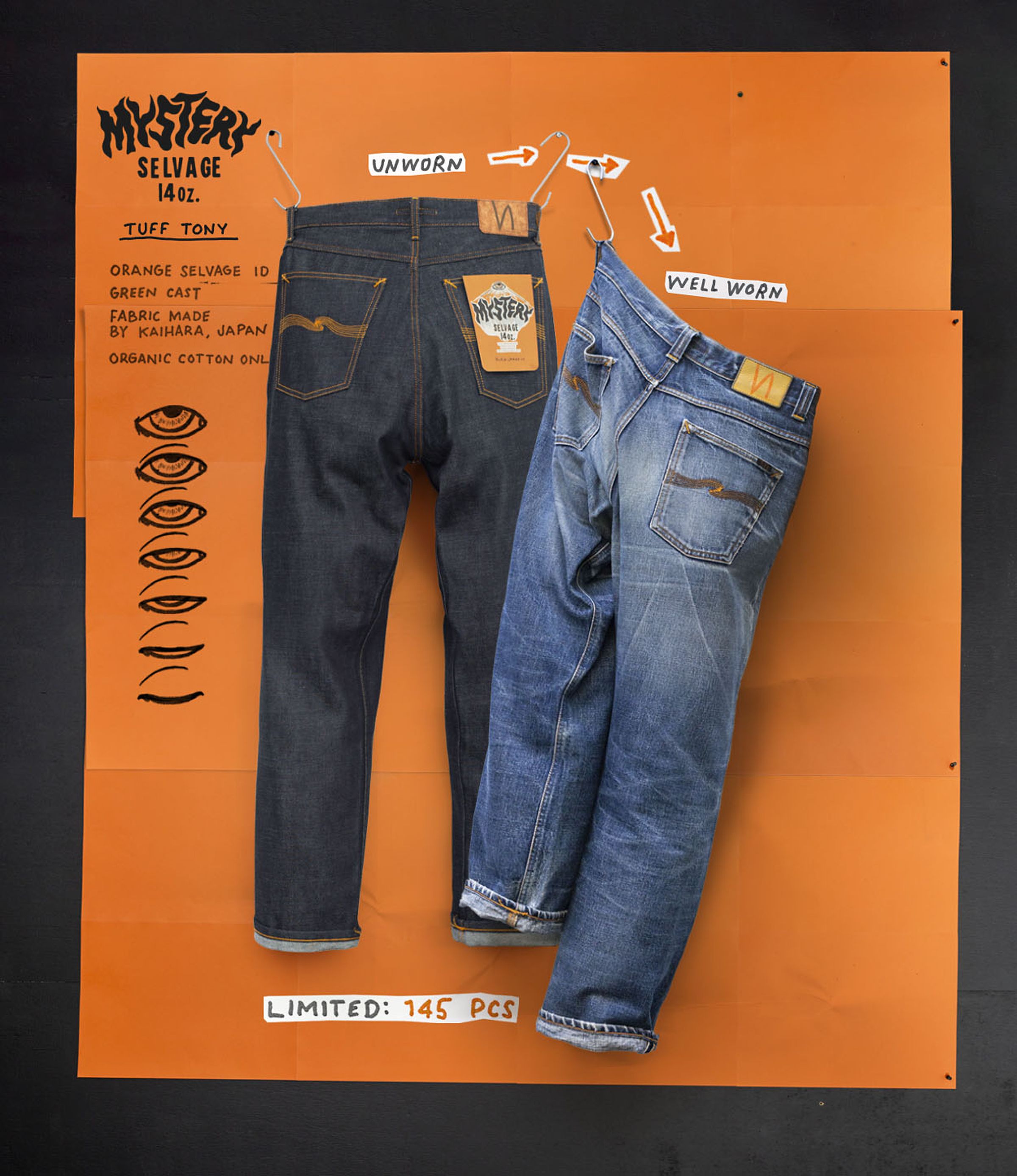 Two pairs of jeans hang against an orange background: one unworn, the other well-worn. Text details fabric origin and limited edition status.