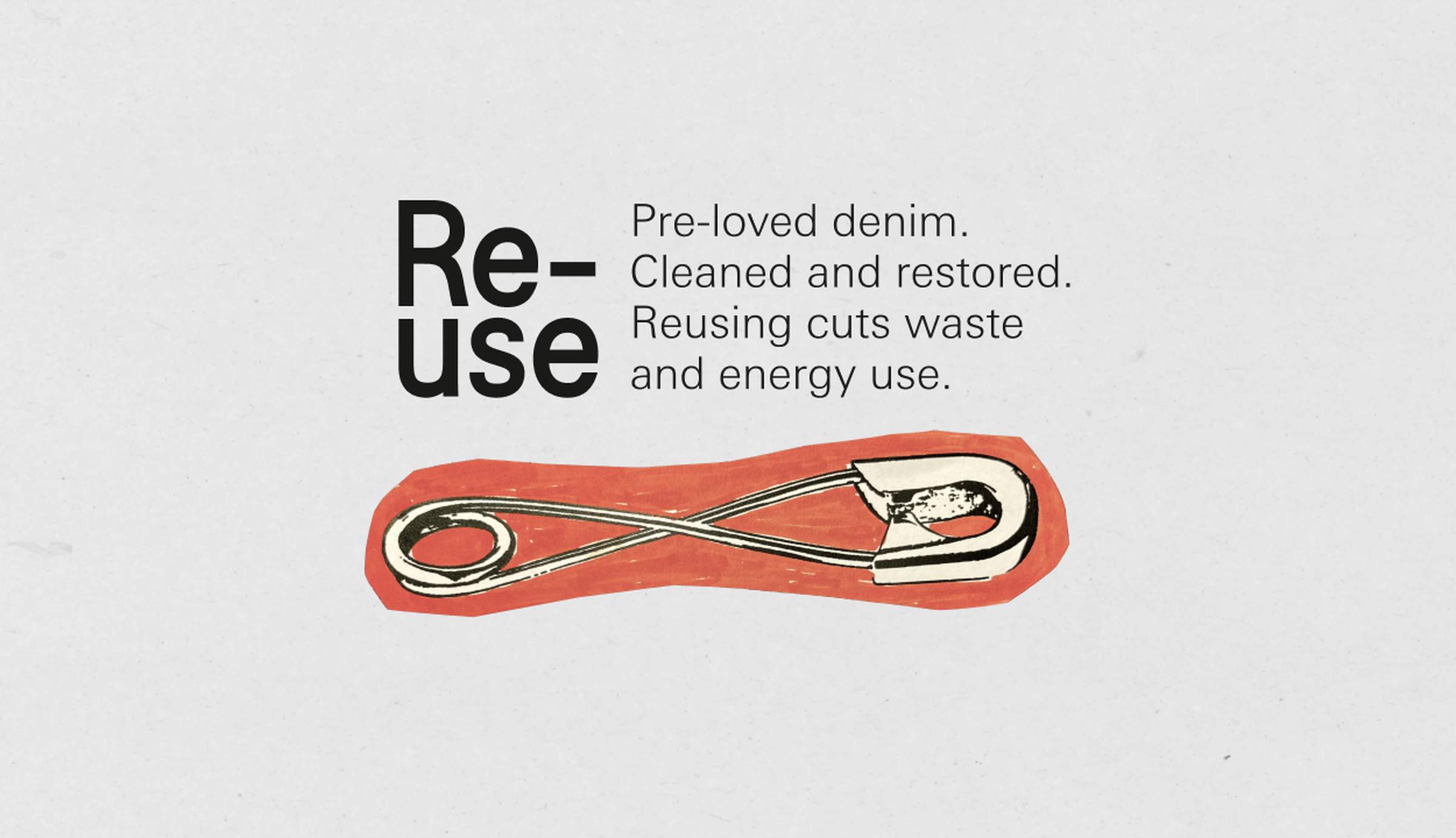 Nudie Jeans Re-use illustration of a safety pin on orange, pre-loved denim cleaned and restored to cut waste.