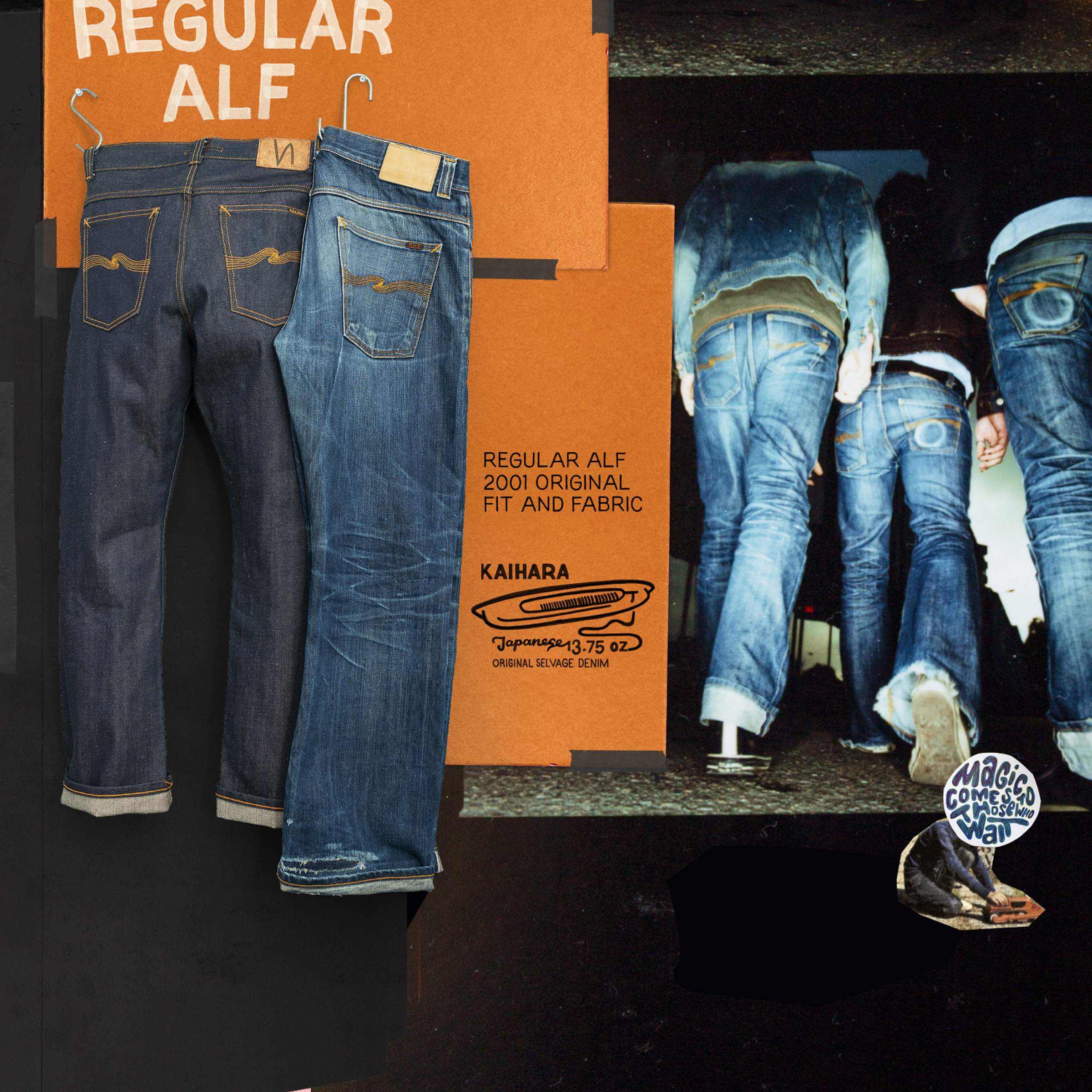 Jeans against an orange background, showcasing "Regular Alf 2001 Original Fit and Fabric" with a photo of people wearing denim.