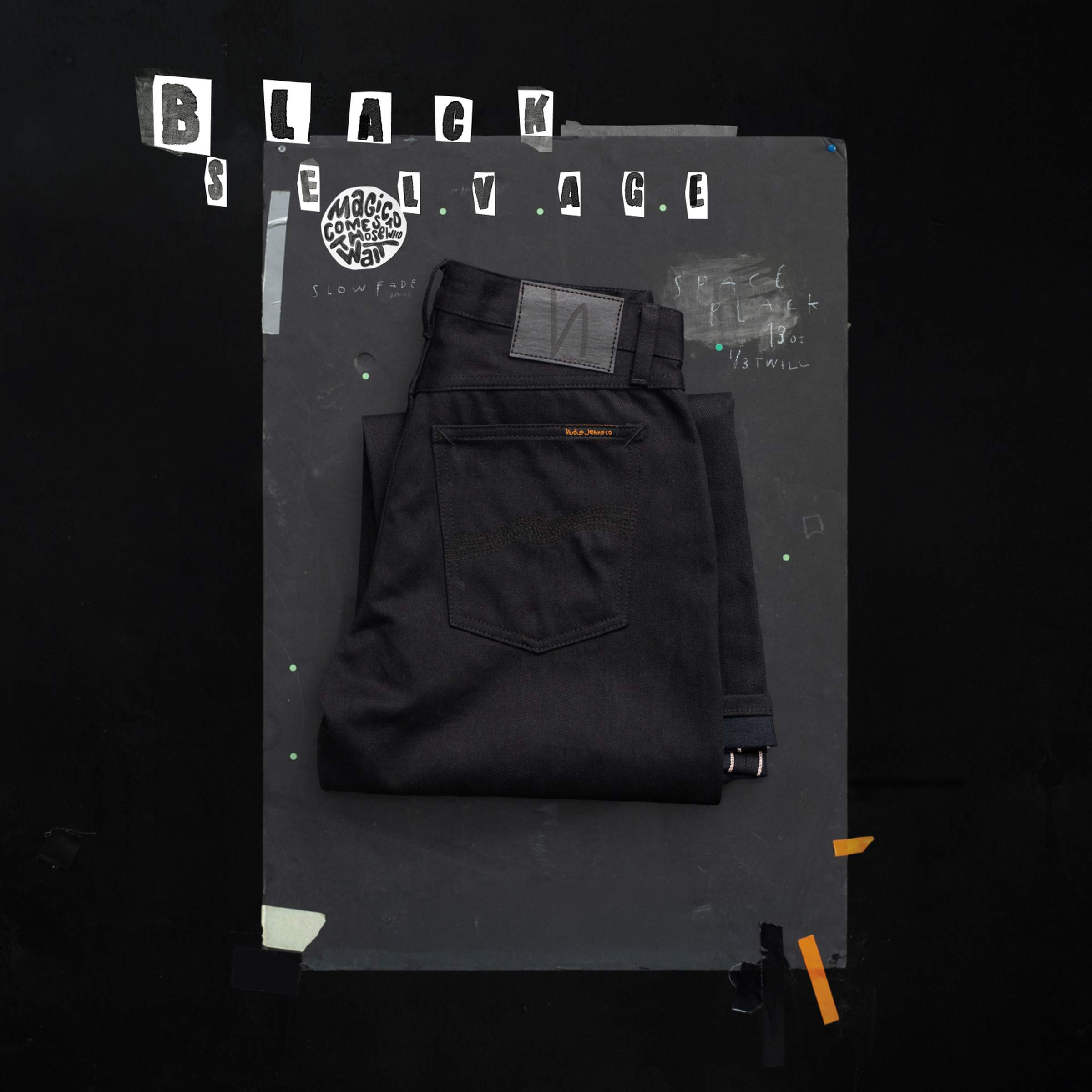 Folded black jeans on a dark background with the text "Black Selvage" above and some graphic elements.