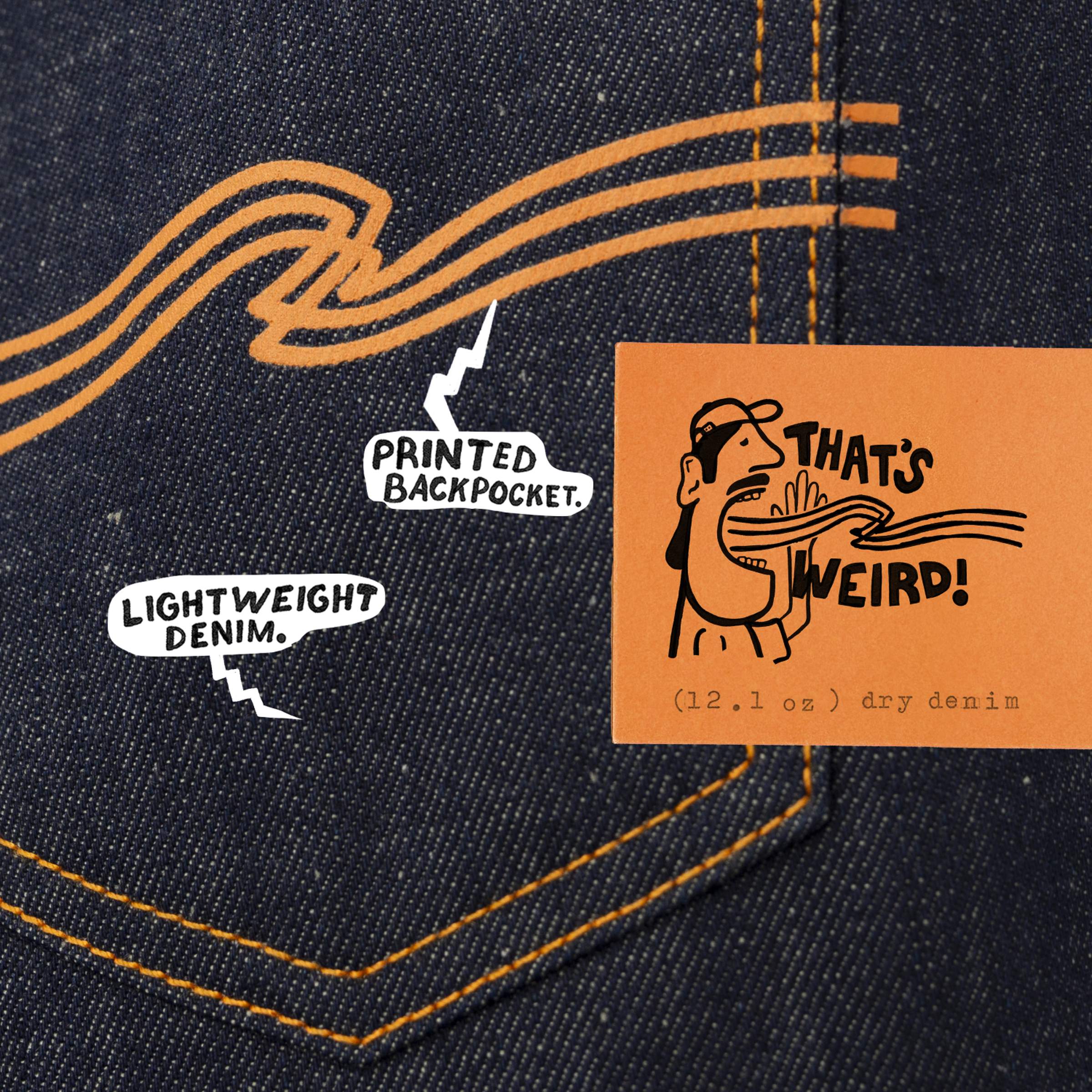 Close-up of dry denim with orange stitching and wave pattern. Labels read "Lightweight Denim," "Printed Backpocket," and "That's Weird!"