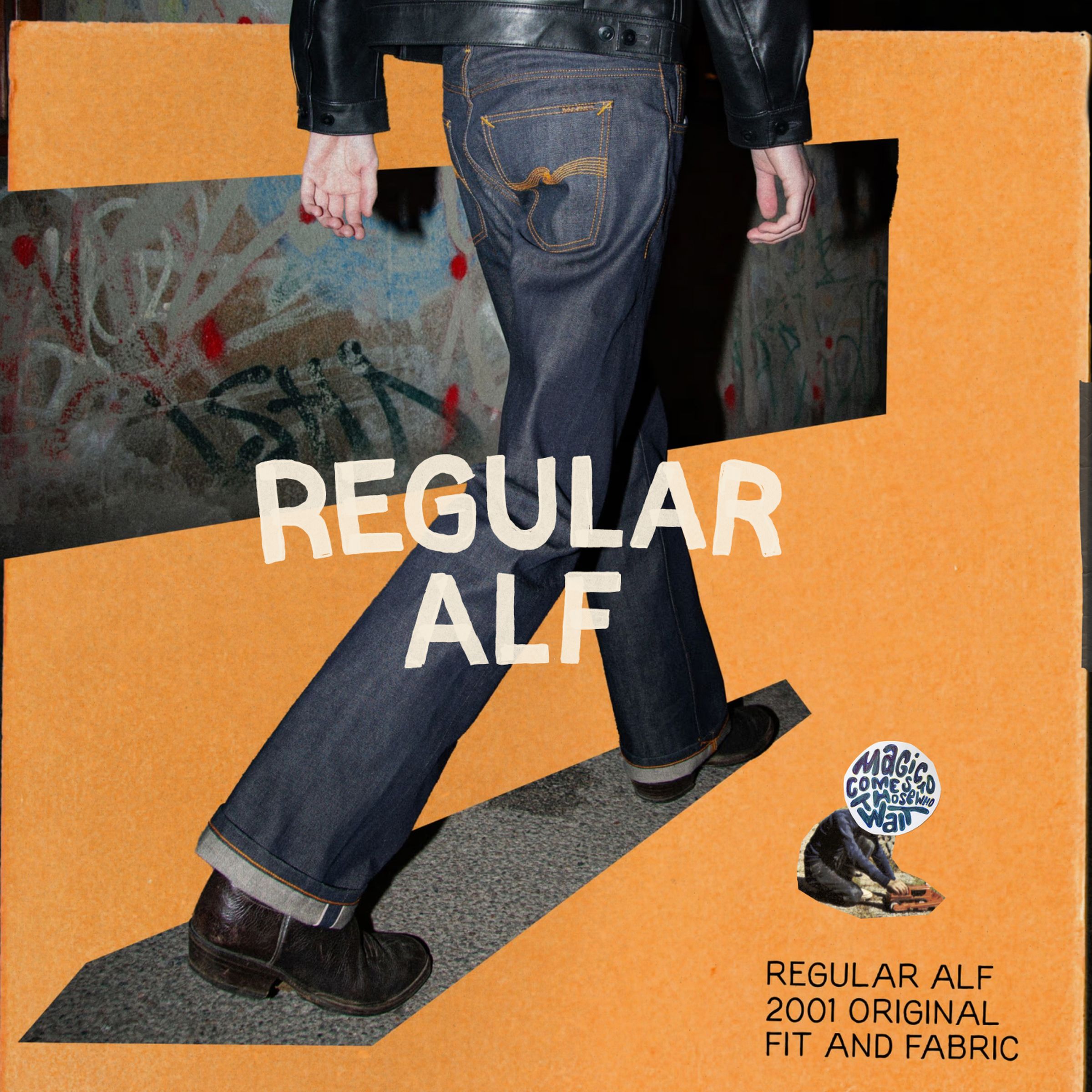Model in Nudie Jeans Regular Alf raw denim jeans with rolled cuffs, leather jacket and boots, against graffiti wall.