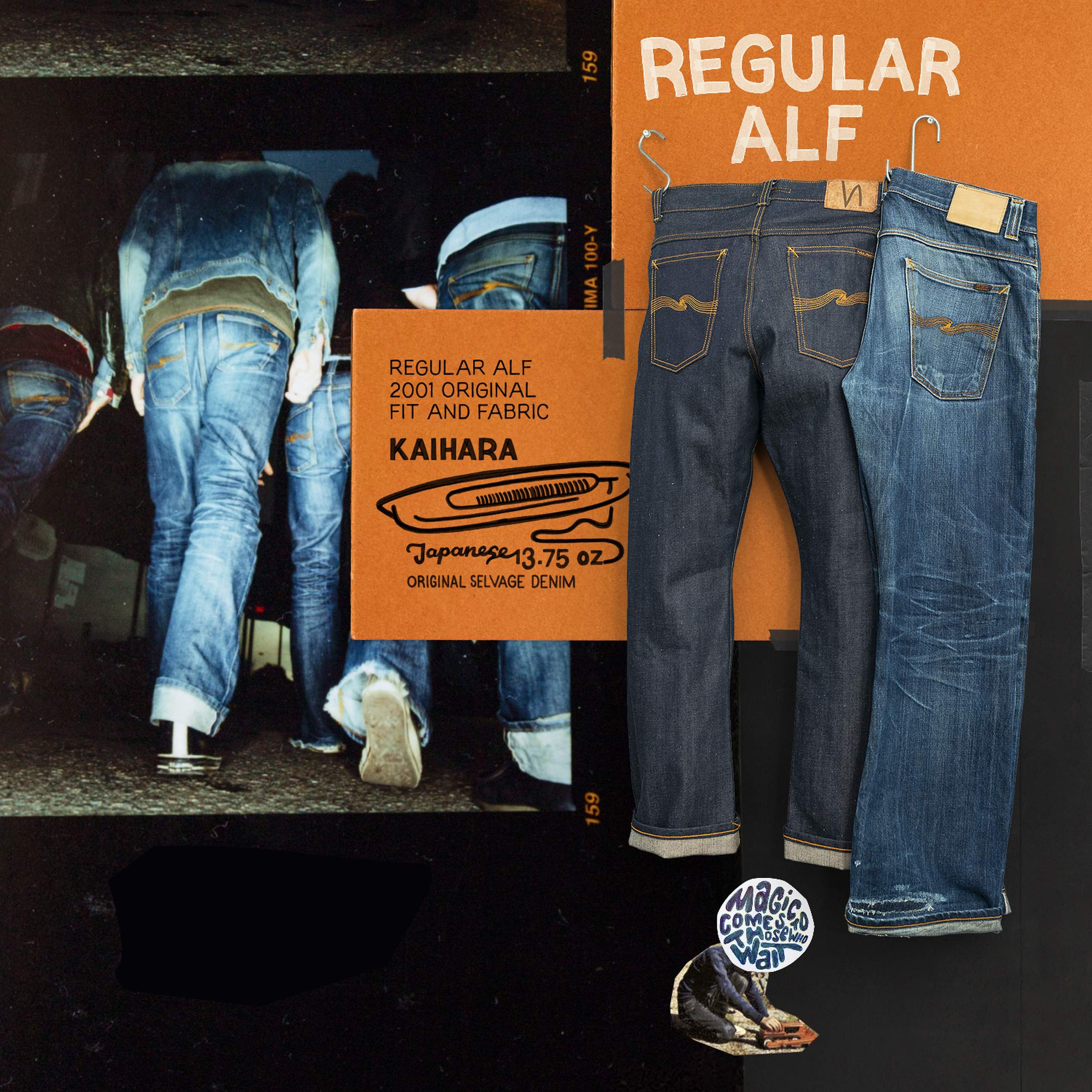 Two pairs of blue jeans, labeled "Regular ALF," with a vintage photo of people wearing similar jeans in the background.