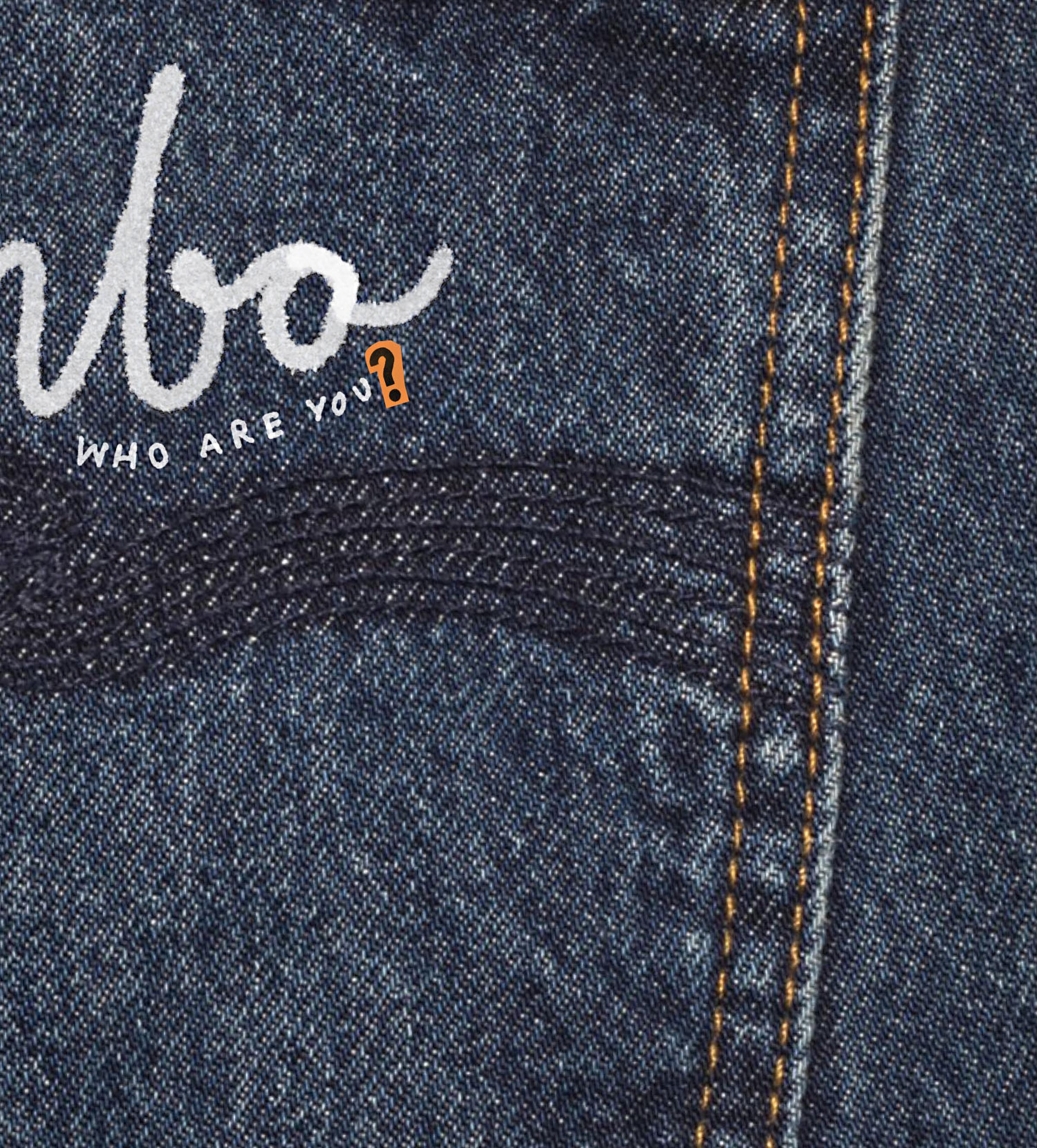 Close-up of blue denim fabric with white stitching and the embroidered text, "WHO ARE YOU?" in small, uppercase letters.