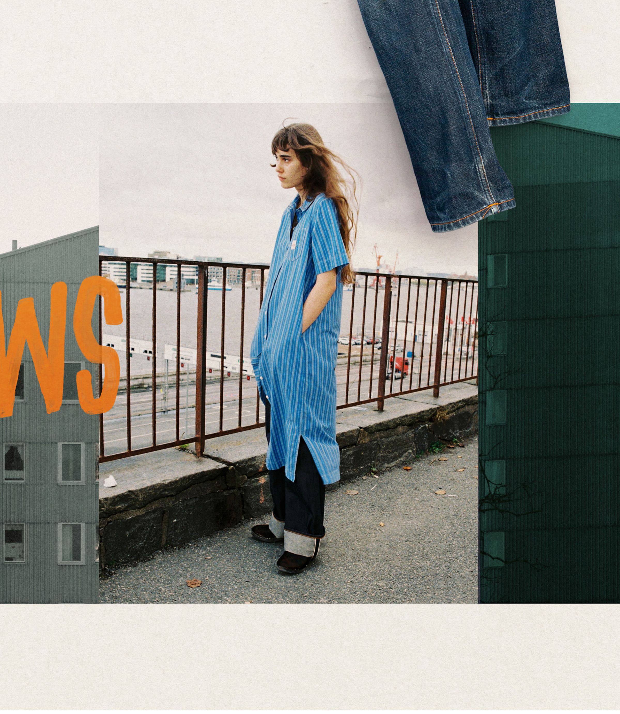 Woman in a blue striped dress and jeans stands by a waterfront railing, with edited text and building graphics in the foreground.