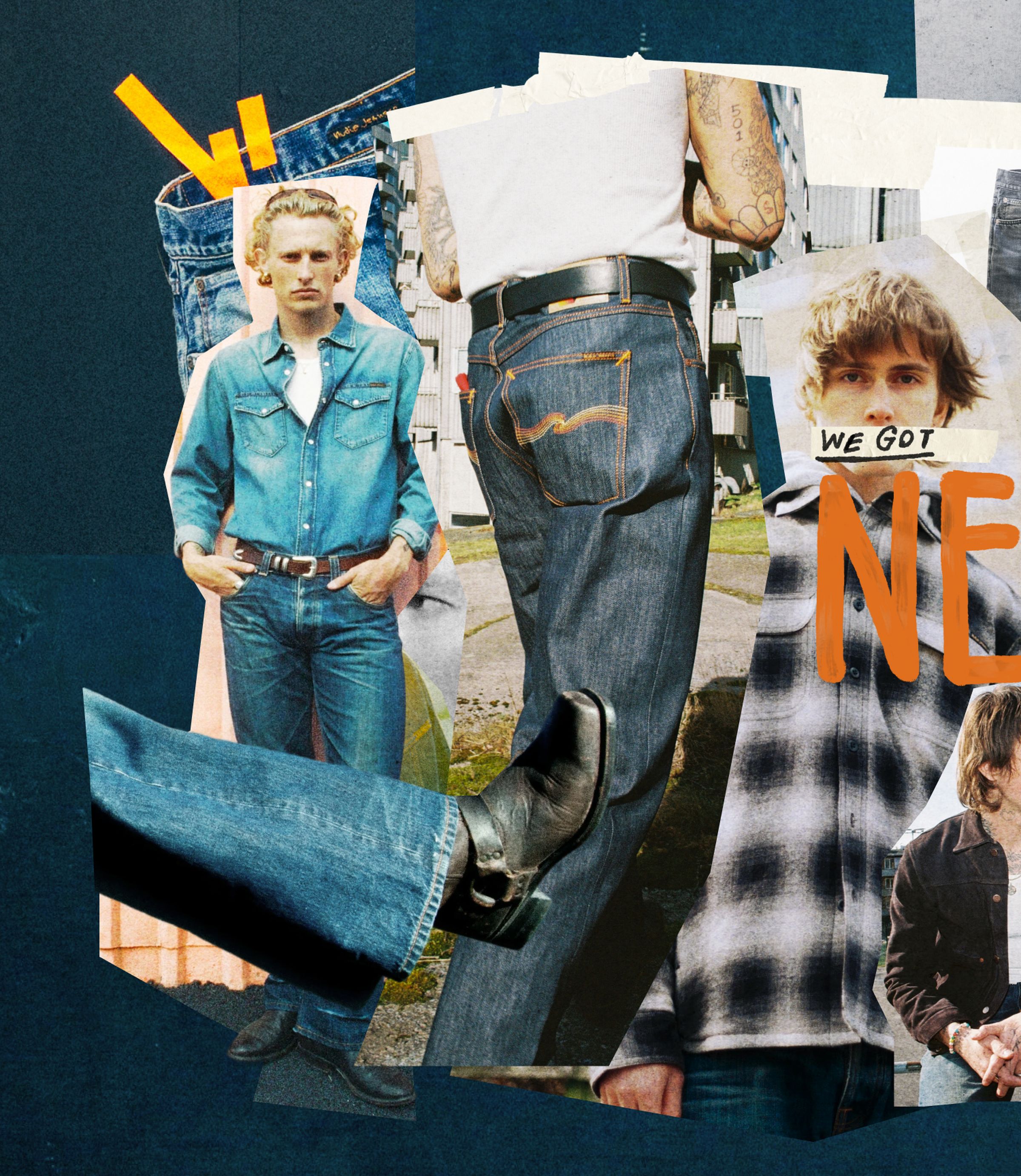 Collage of male models wearing denim jeans, boots and flannel shirts in layered cutouts with bold orange lettering.