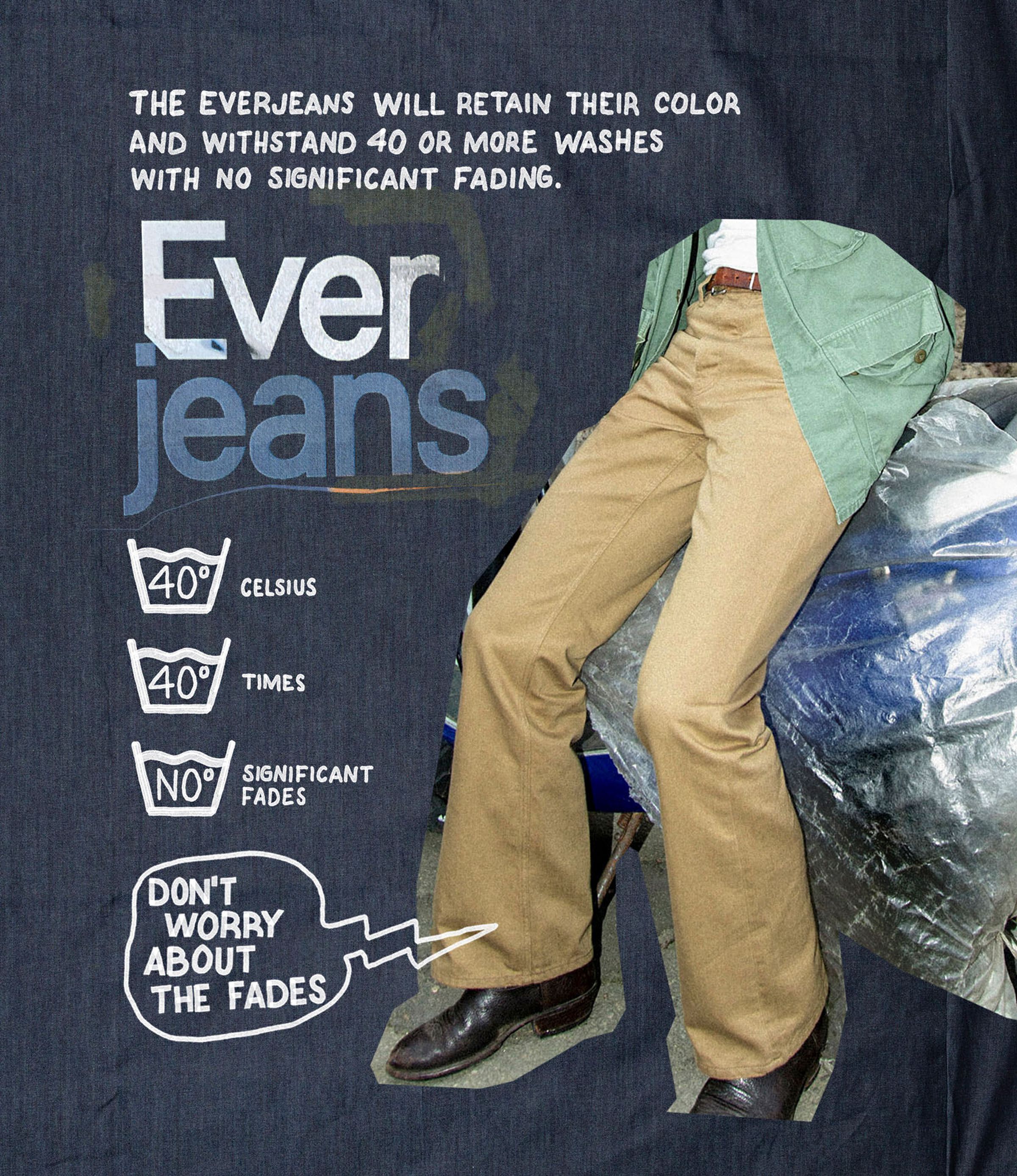 Image of a person wearing khaki pants and a green jacket over jeans with text about Everjeans' durability, emphasizing no significant fading after 40 washes.