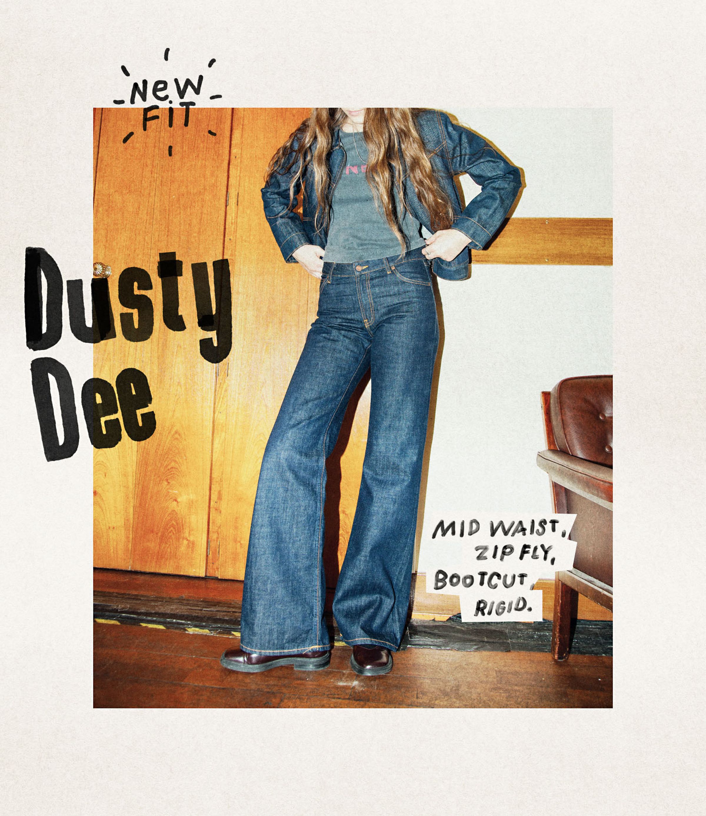 Person wearing a denim jacket and jeans with bootcut design, labeled "Dusty Dee." The background features a wooden wall and a chair.