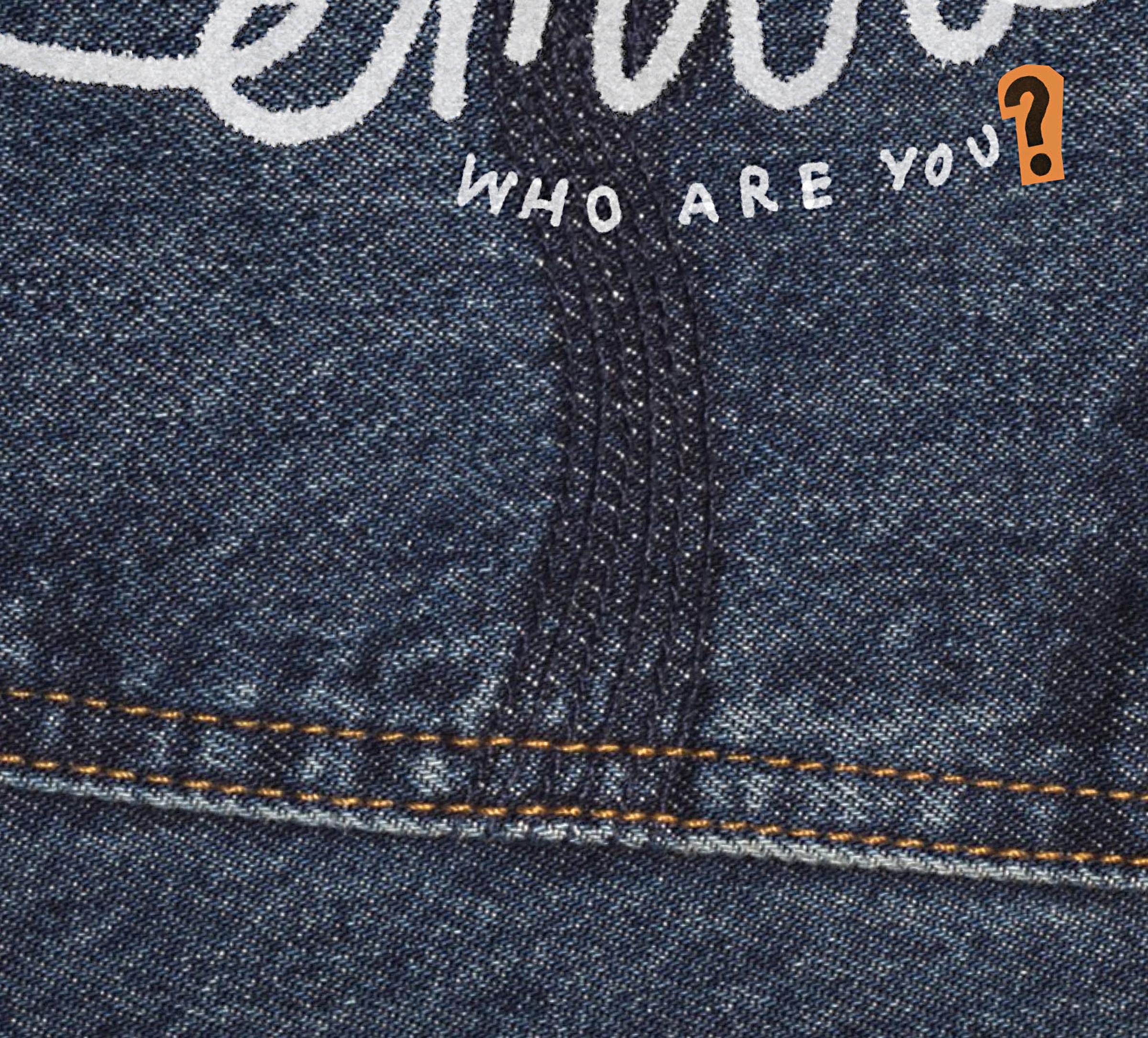 Close-up of denim fabric with stitched white text "Who Are You?" and a small orange question mark.