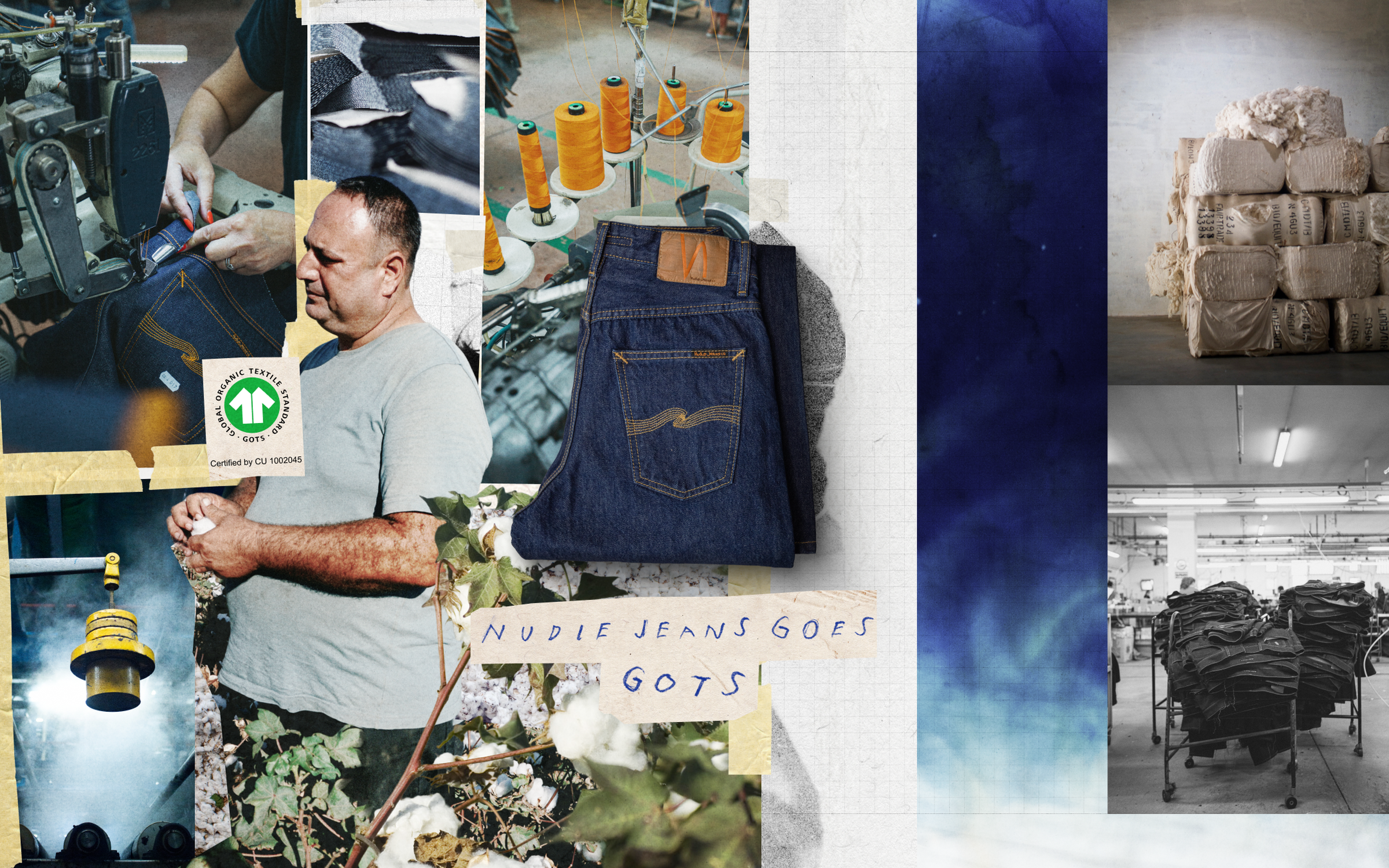 Collage showing a person sewing jeans, cotton spools, denim fabric, organic cotton, and a GOTS certification logo for Nudie Jeans.
