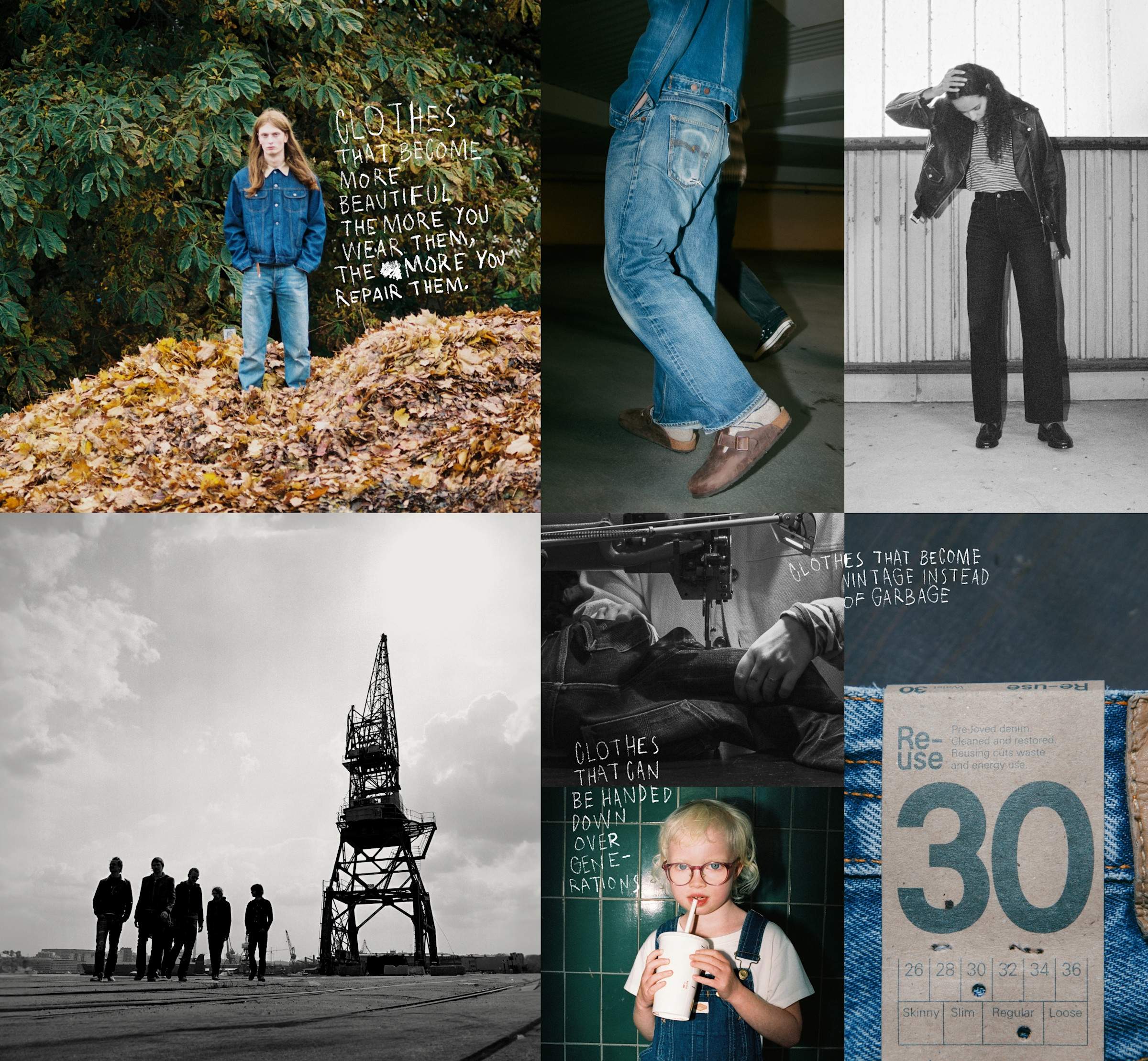 Nudie Jeans brand collage featuring denim lifestyle imagery, repair philosophy, and Re-use program with hand-drawn text.
