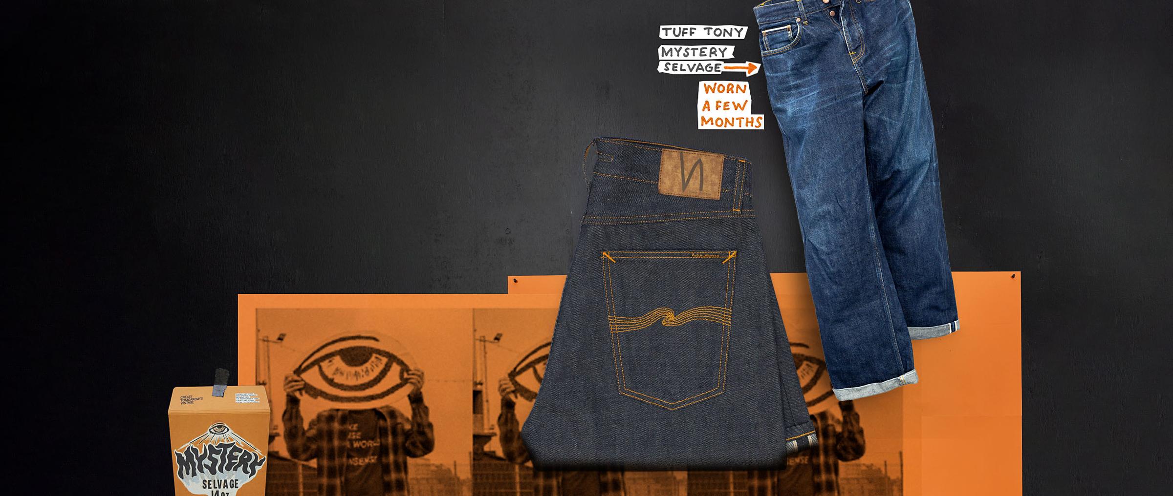 Jeans displayed on a dark background with text "Tuff Tony Mystery Selvage" and "Worn a Few Months." Packaging visible in the corner.