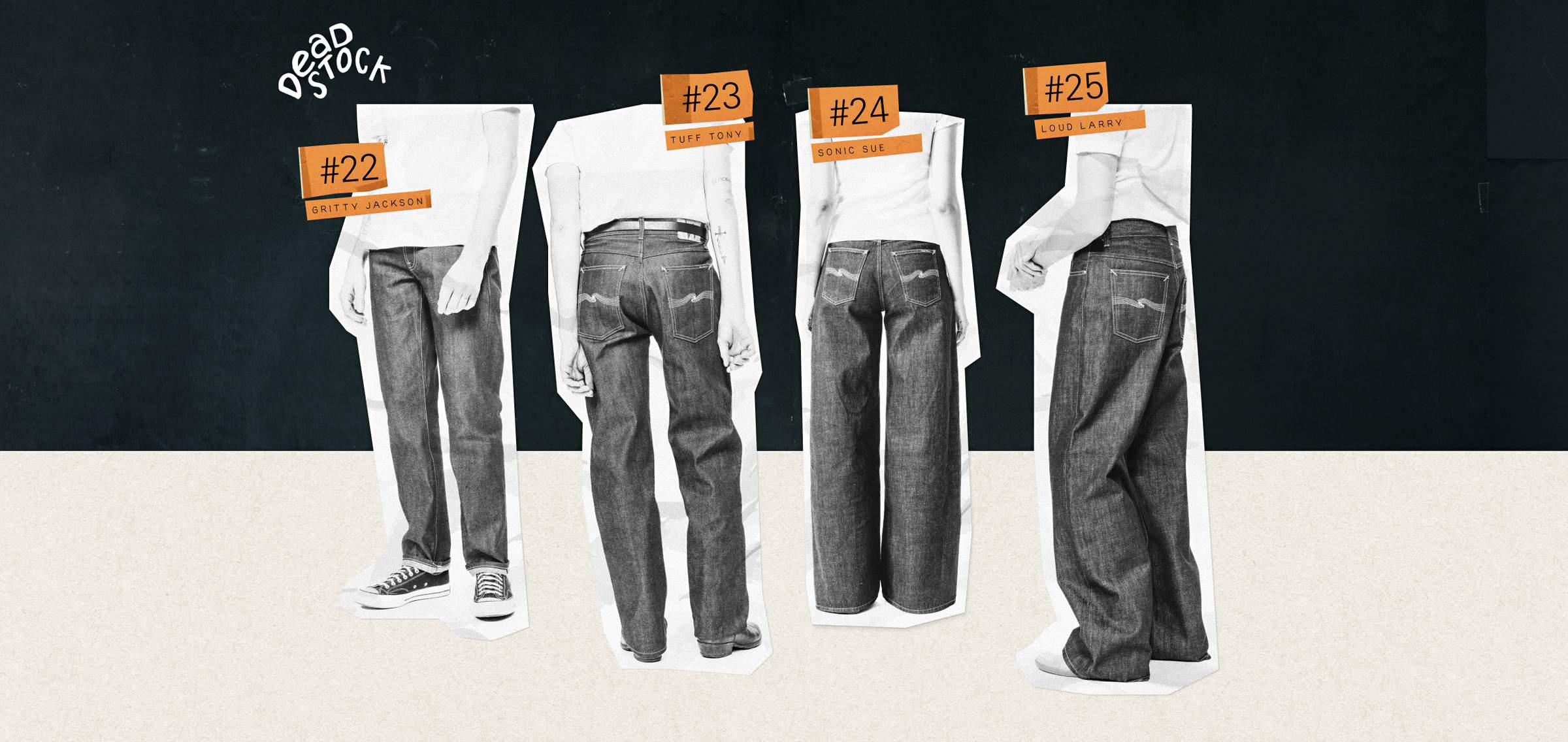 Four pairs of jeans on cutout figures against a dark background, labeled #22, #23, #24, and #25, with unique styles and fit descriptions.