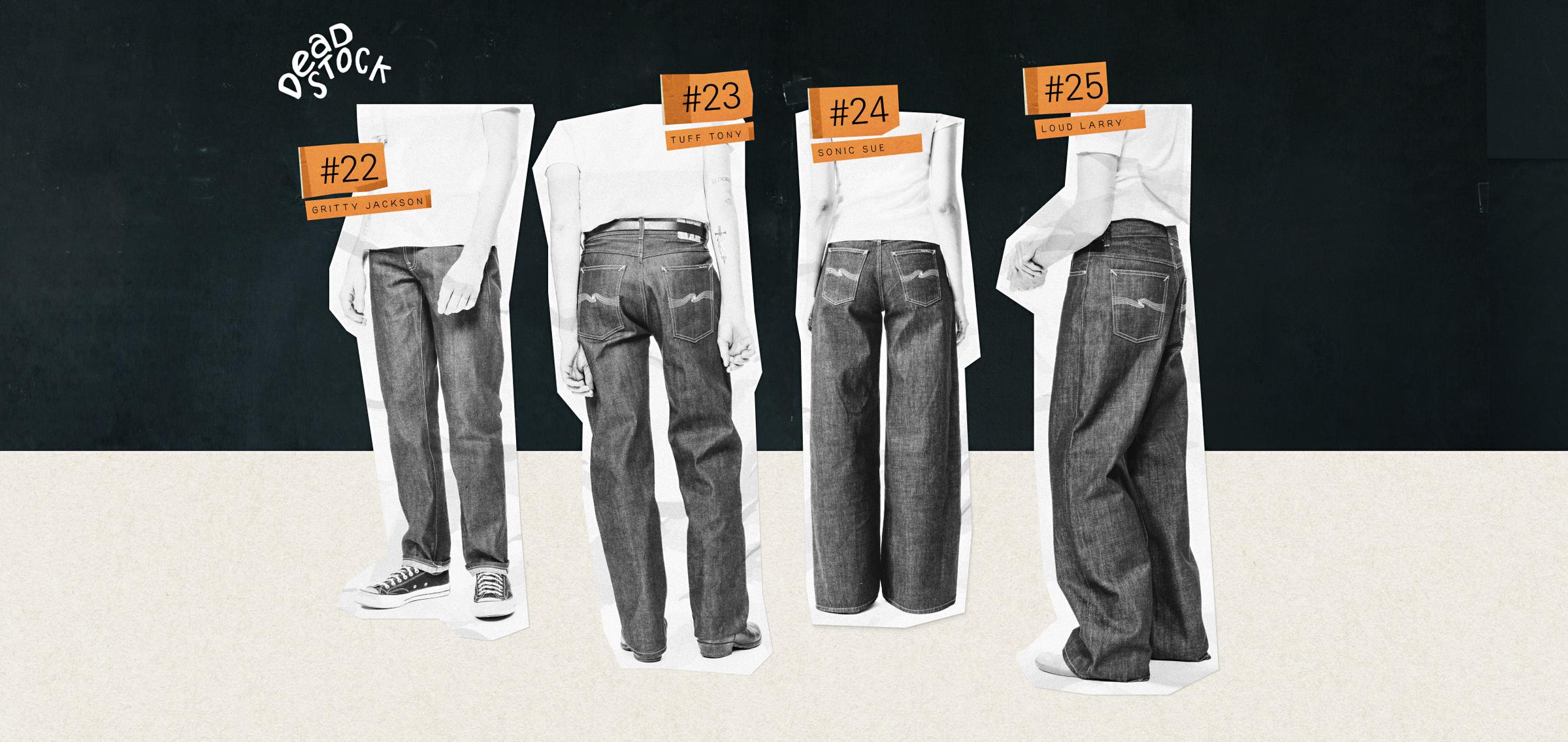 Four pairs of jeans on cutout figures against a dark background, labeled #22, #23, #24, and #25, with unique styles and fit descriptions.