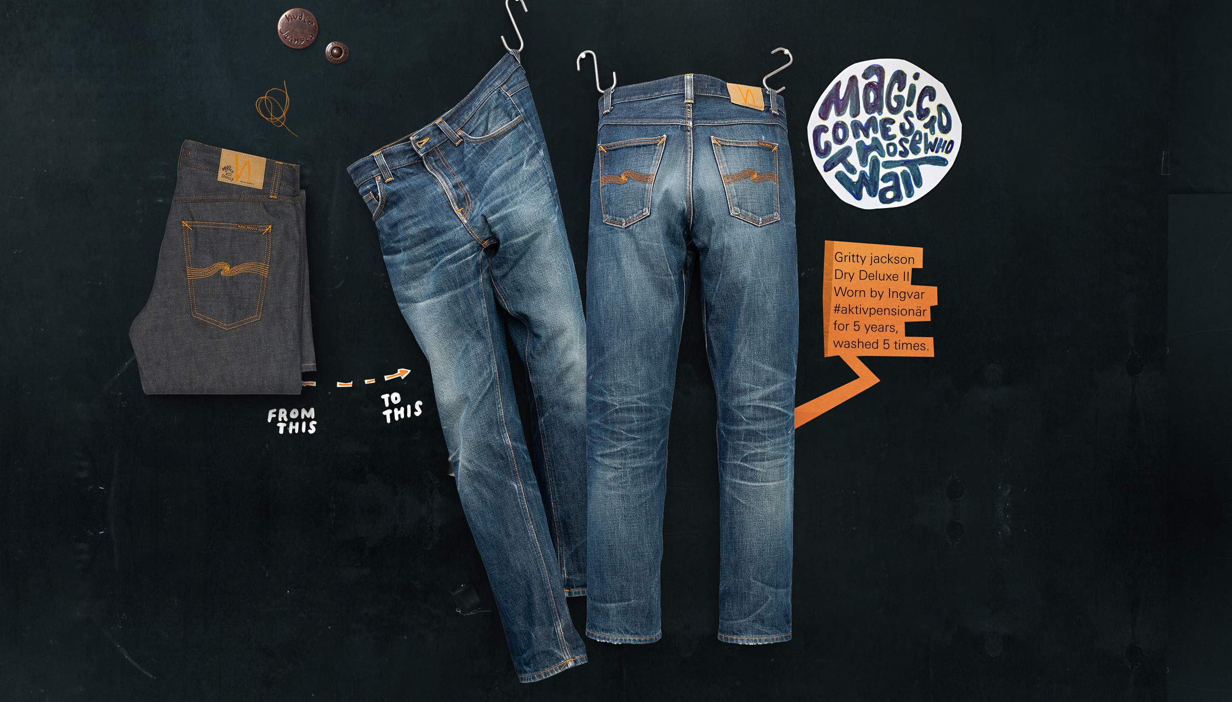 Three pairs of jeans are displayed: worn example with patch, new jeans on left, and faded jeans on hangers. Text highlights aging process.