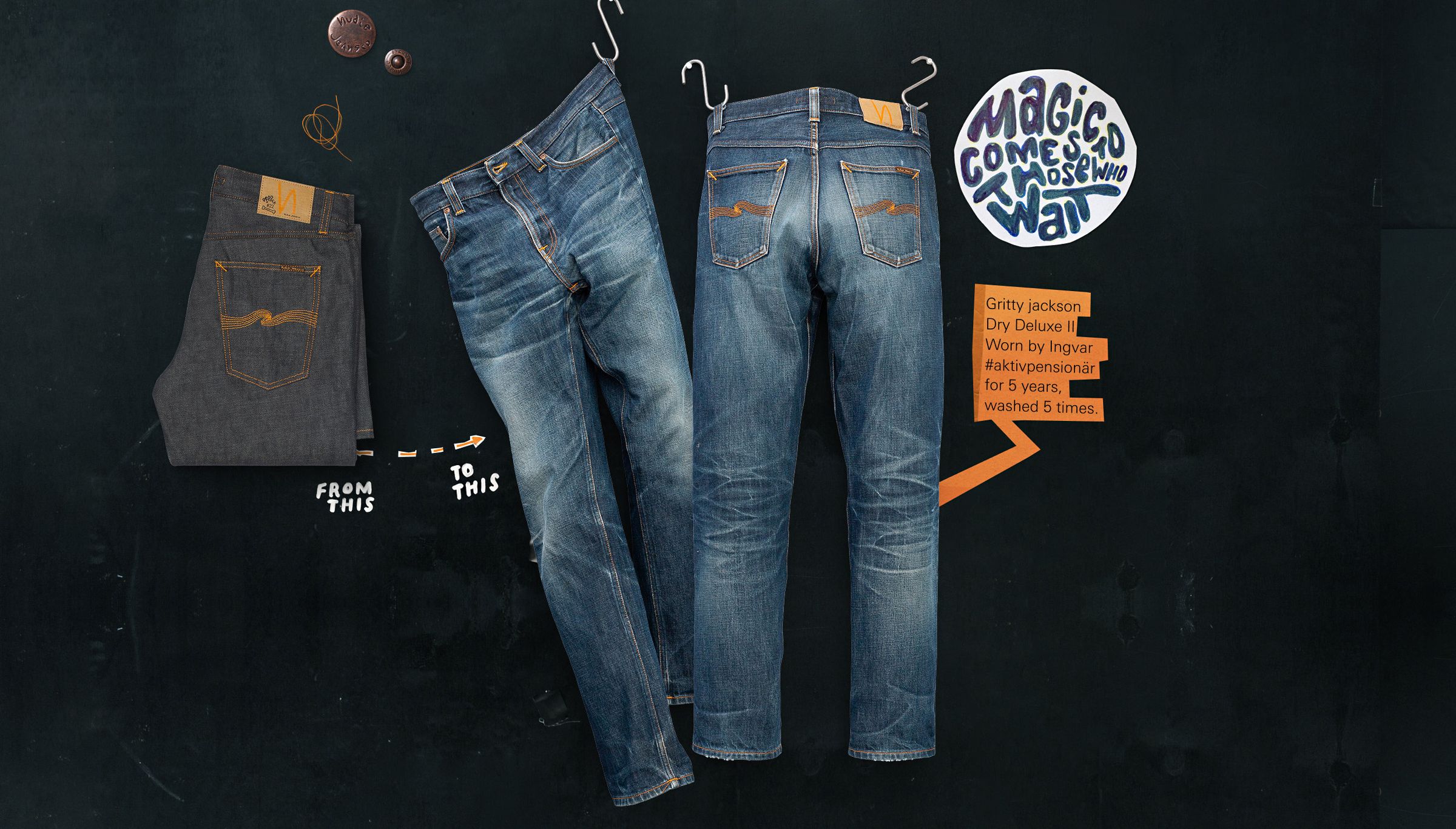 Three pairs of jeans are displayed: worn example with patch, new jeans on left, and faded jeans on hangers. Text highlights aging process.