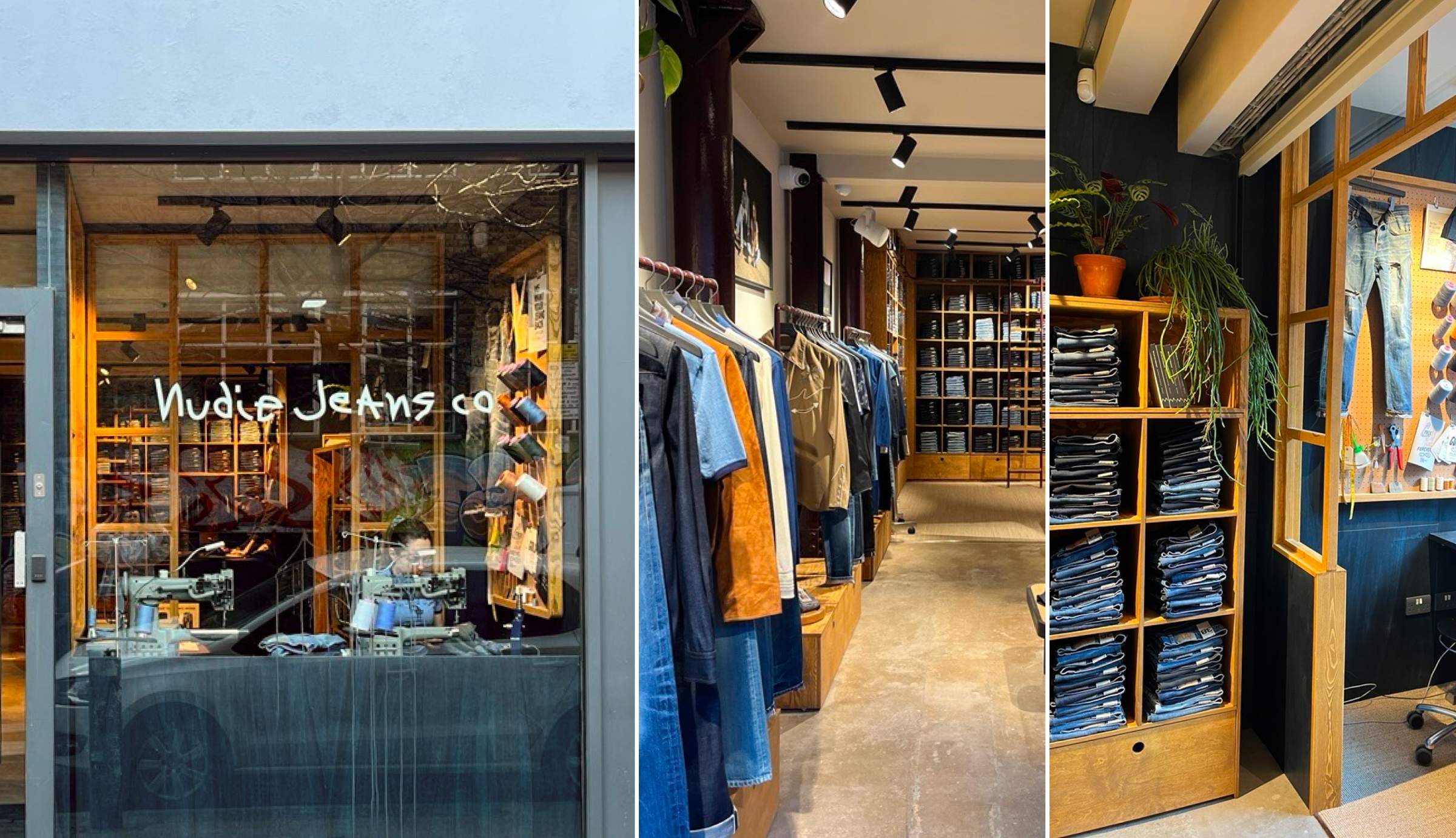 Storefront and interior of a Nudie Jeans Co. shop, showcasing clothing racks, and shelves with jeans