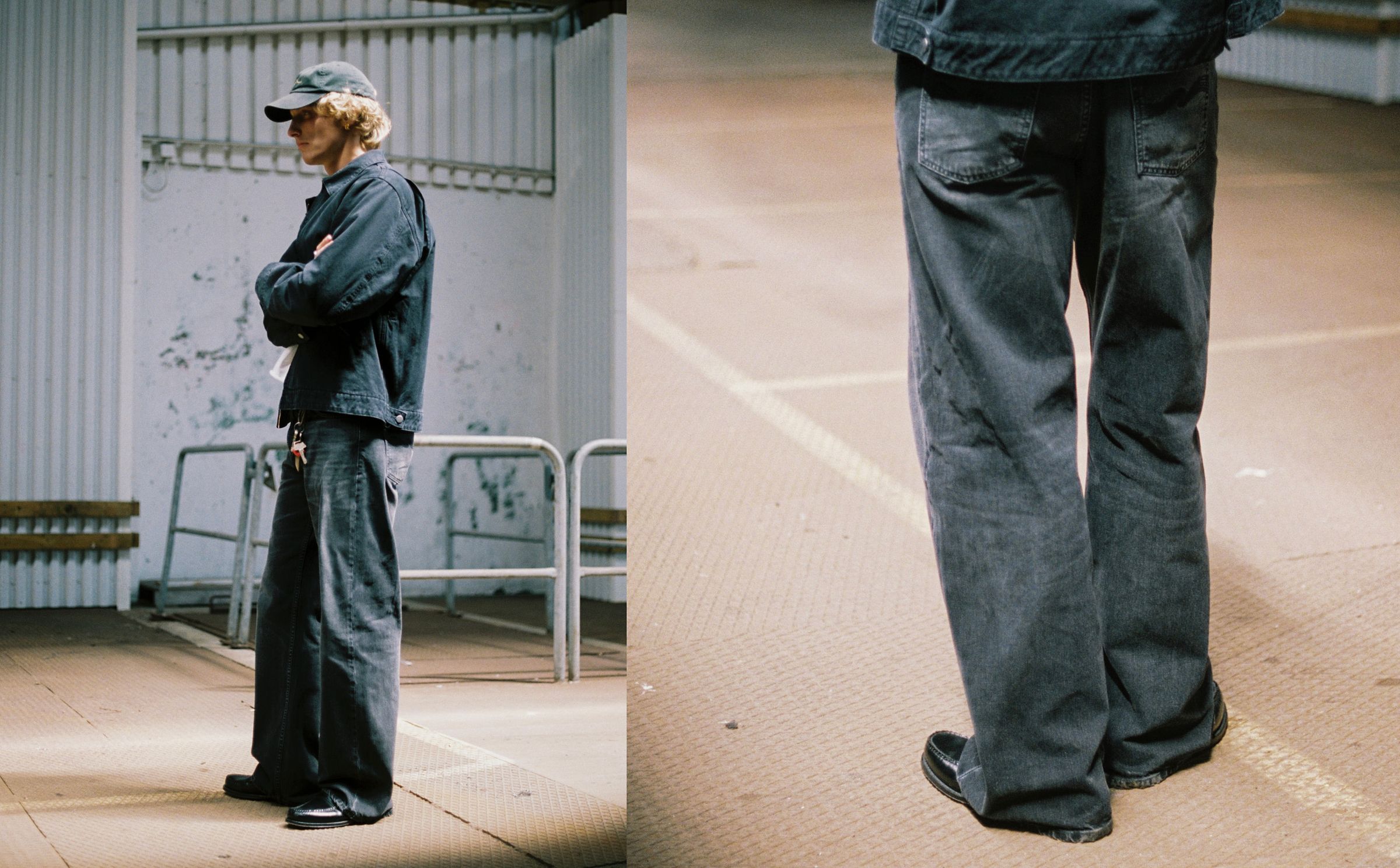 Person in a cap and sunglasses wearing a black jacket and wide-leg jeans stands with arms crossed; close-up of jeans and shoes on the right.