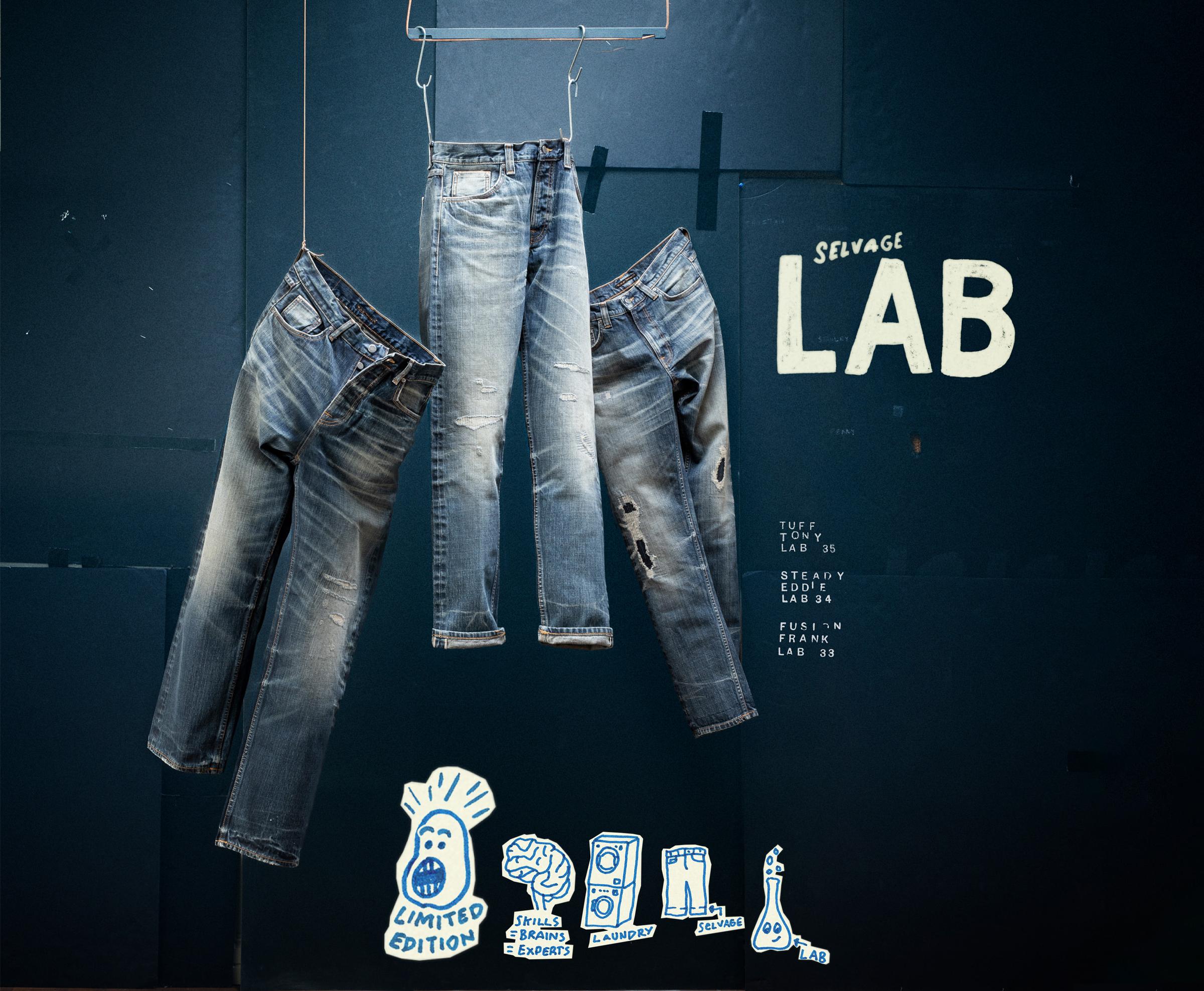 Three pairs of distressed jeans hang against a dark backdrop with "Selvage LAB" text and illustrated graphics below.