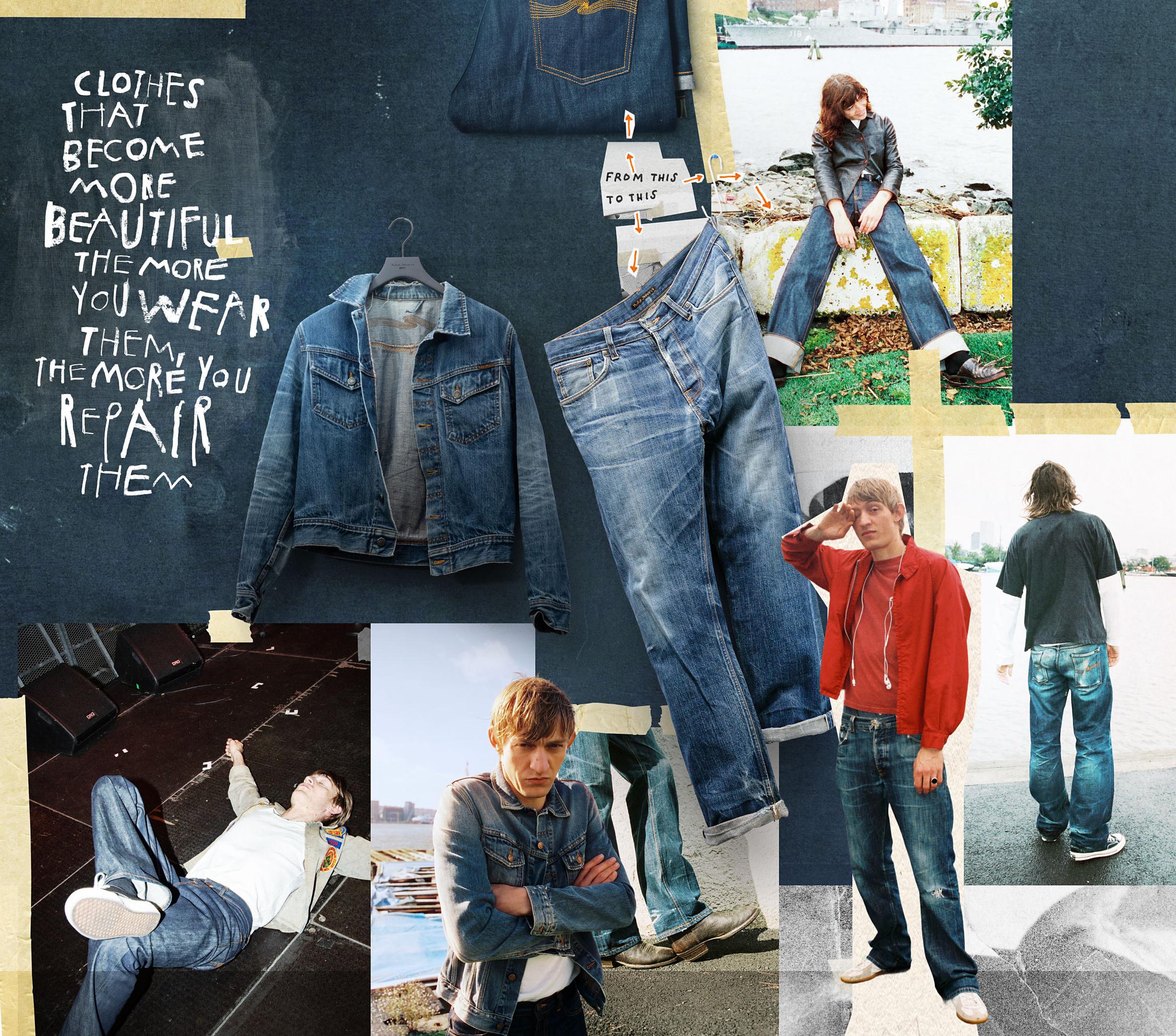 Collage of denim fashion featuring jackets, jeans, and models outdoors. Text reads: "Clothes that become more beautiful the more you wear them."