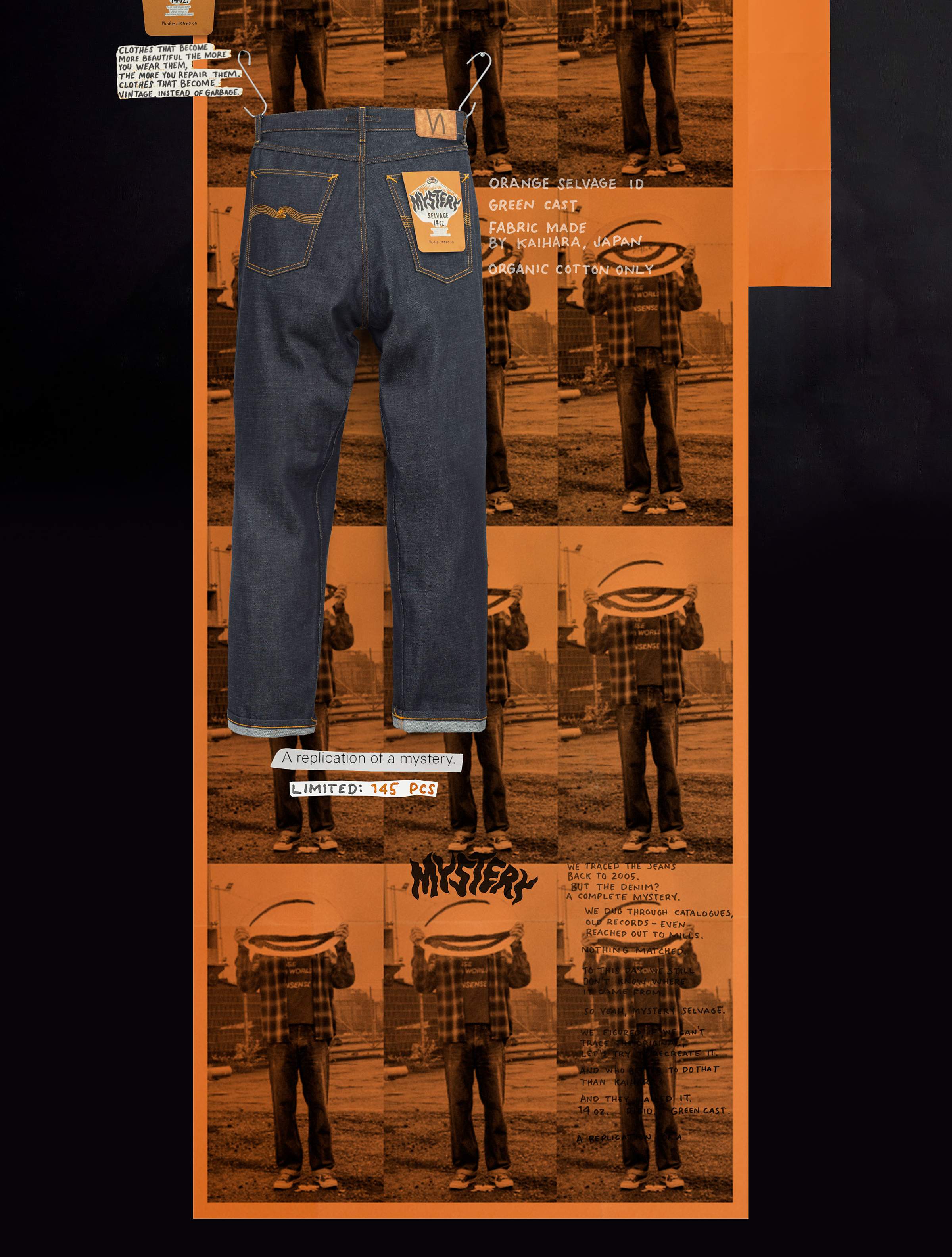 Denim jeans displayed against an orange and black collage background featuring a person holding a hoop. Texts and labels are visible.