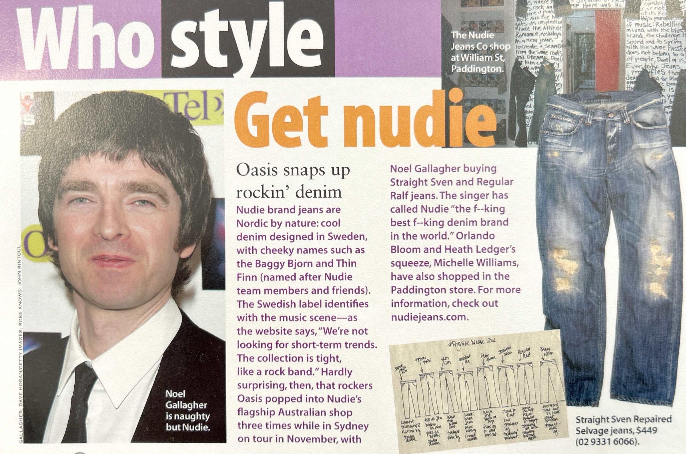 Magazine page featuring Noel Gallagher discussing Nudie Jeans, with images of denim styles and text about the brand's Swedish origin.