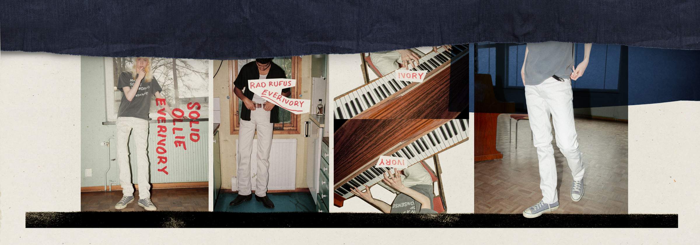 Nudie Jeans Everjeans collage with models in white denim, piano keys, and red handwritten labels Solid Ollie and Rad Rufus.