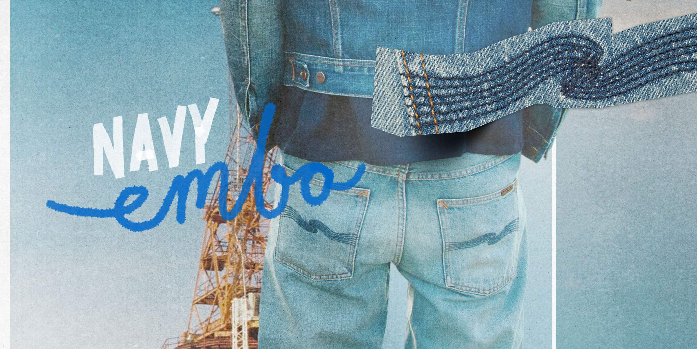 Back view of model in light wash Nudie Jeans Navy Embo denim jacket and jeans with denim swatch overlay.