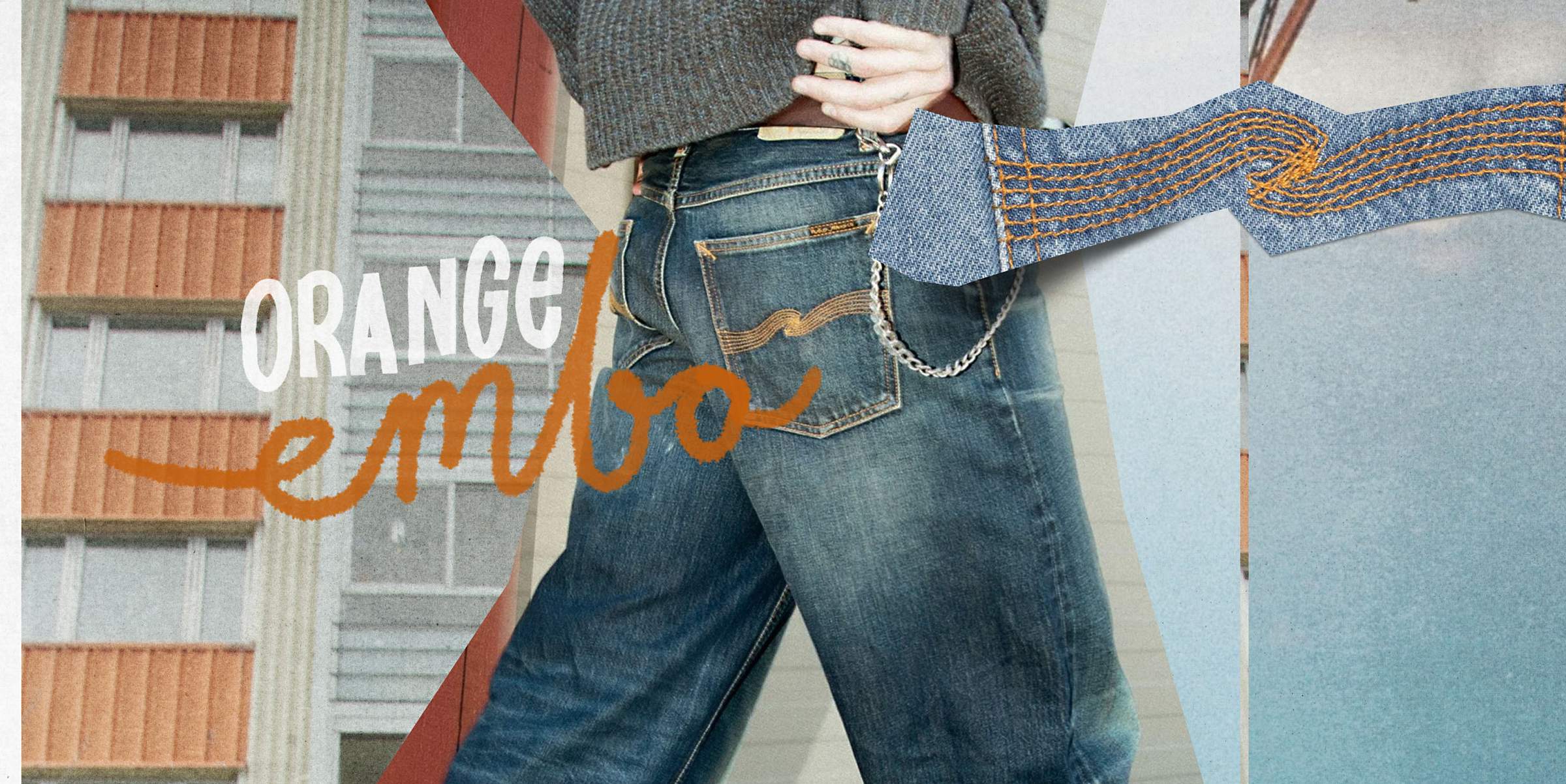 Model wearing Nudie Jeans Orange Embo washed denim with orange stitching detail and chain accessory.