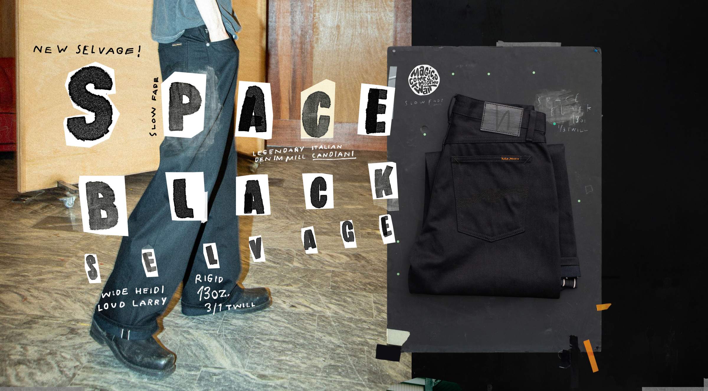 Stylish wide-leg jeans promo titled "Space Black Selvage" featuring folded denim with text graphics and a person modeling the jeans.